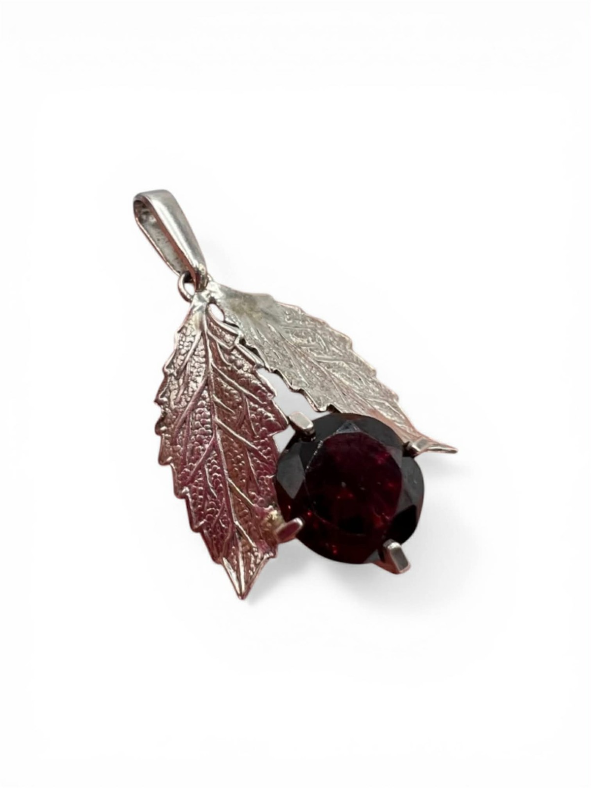Vintage 835 Silver Leaf Pendant Red Stone | European Style | No Chain