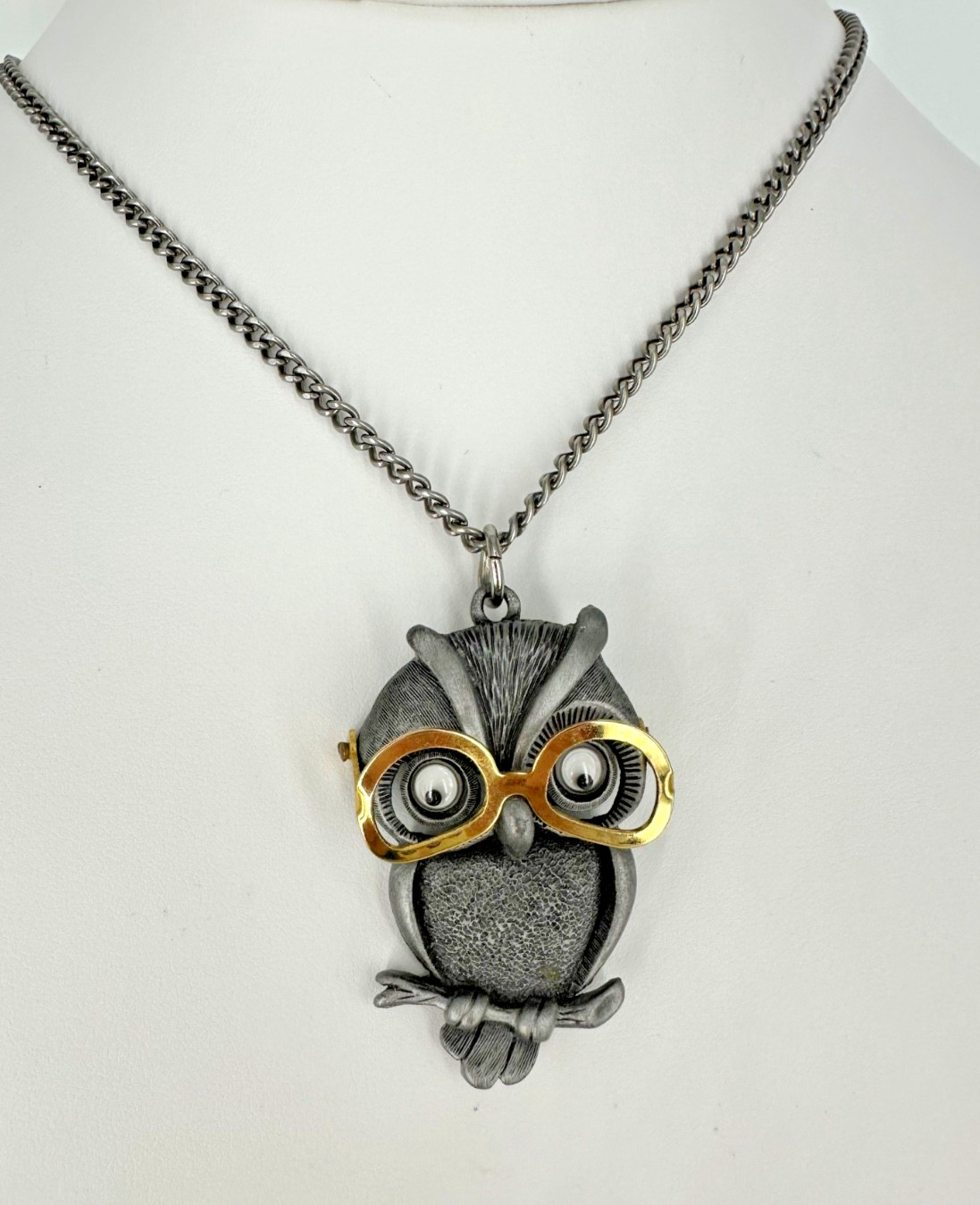 Vintage FAB Pewter Tone Googly Eyed Owl With Movable Eyeglasses Pendant Necklace