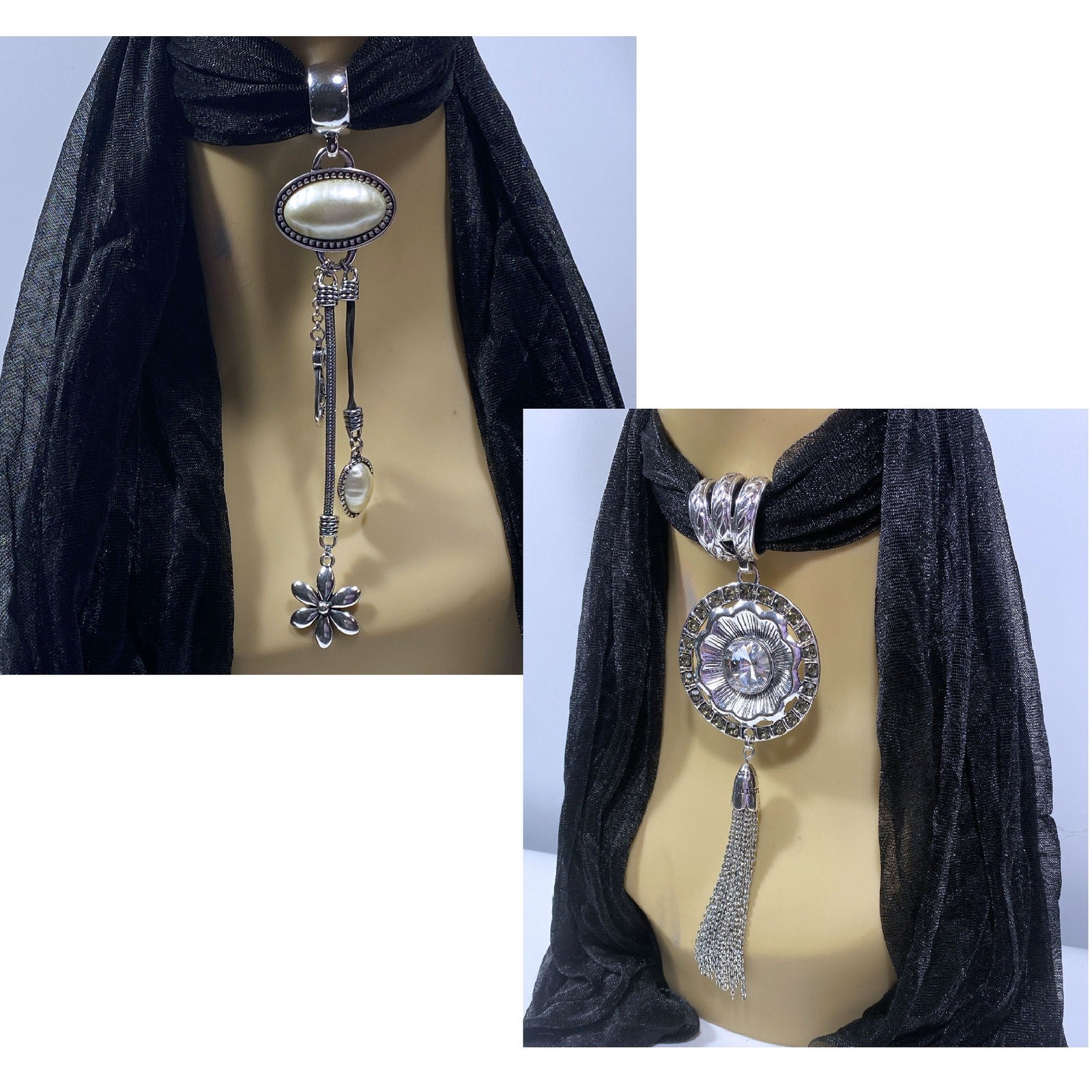 2pc Pearl Rhinestone Scarf Slider Necklace Pendants Large 6″ Manual Set Jewelry