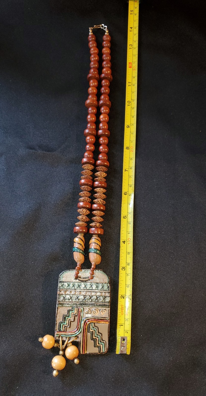 Vintage Southwest Wood and Ceramic Necklace Pendant