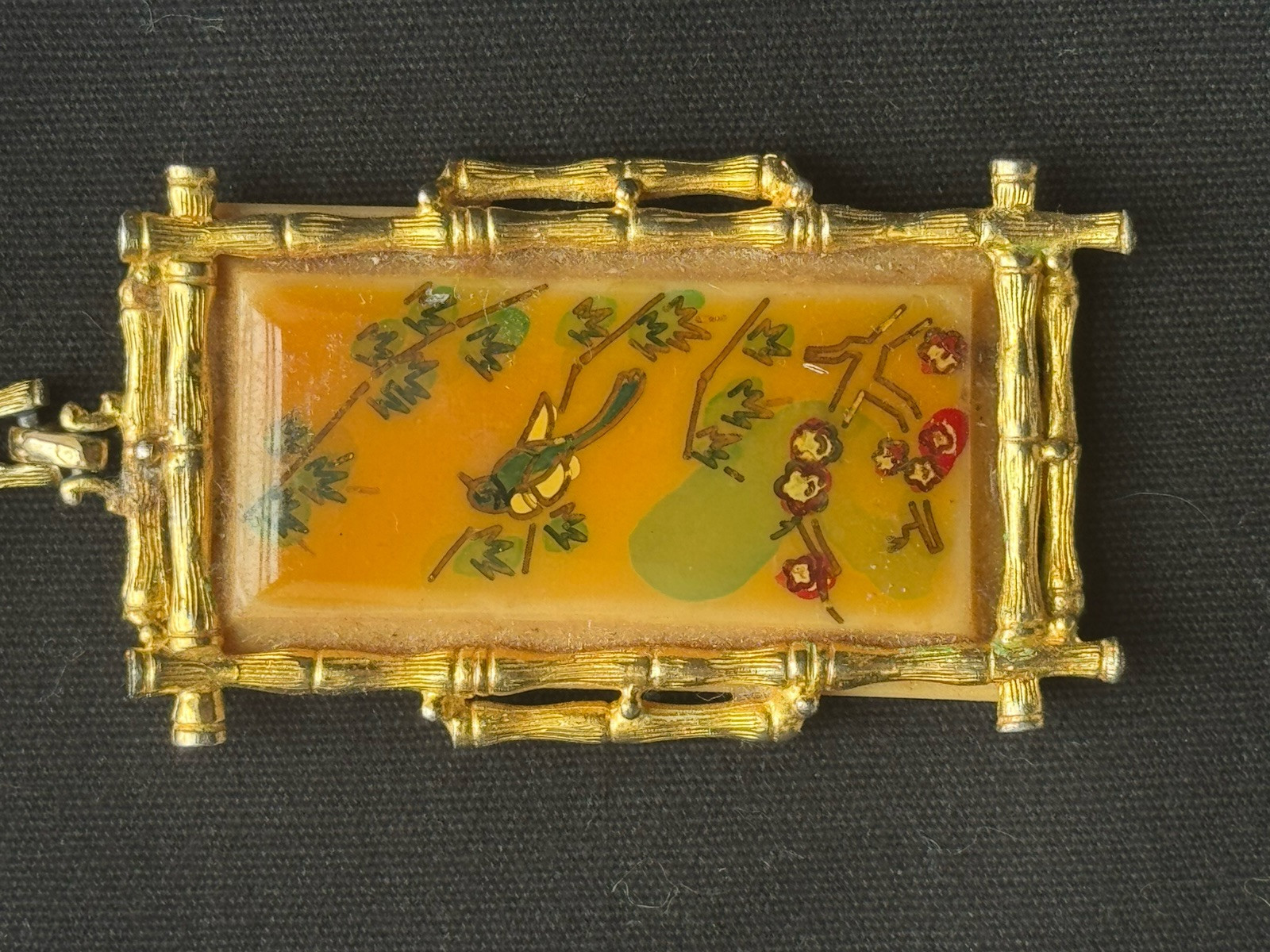 Vintage Necklace Bamboo Frame Asian Gold Tone Bird Floral Souvenir 2 3/4” H