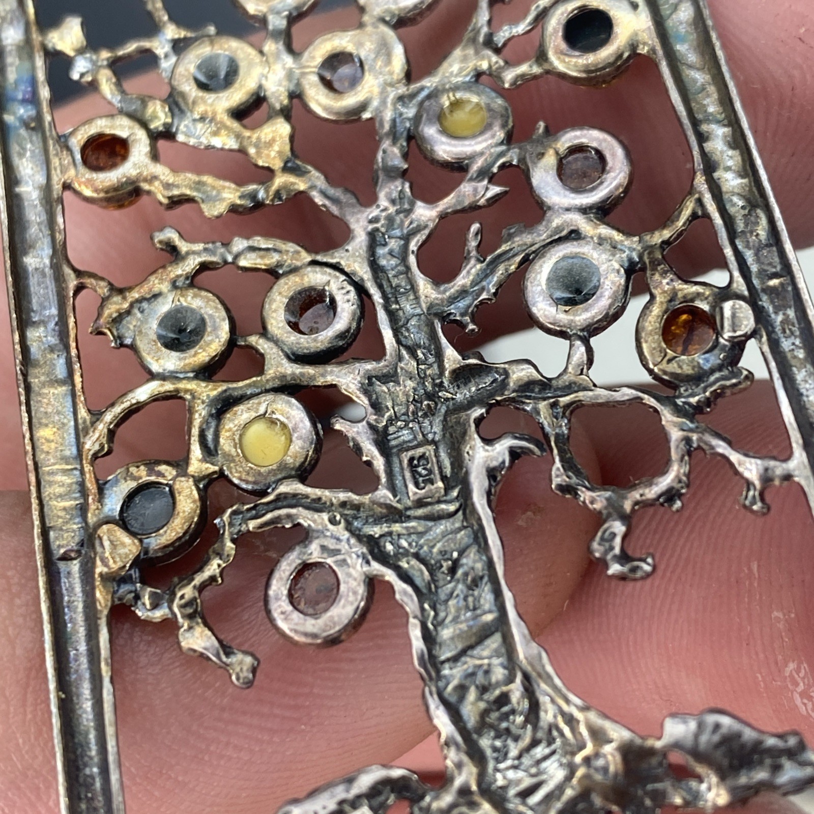 Large 2.5” 925 Sterling Silver Genuine Baltic Amber Tree of Life Pendant Vintage