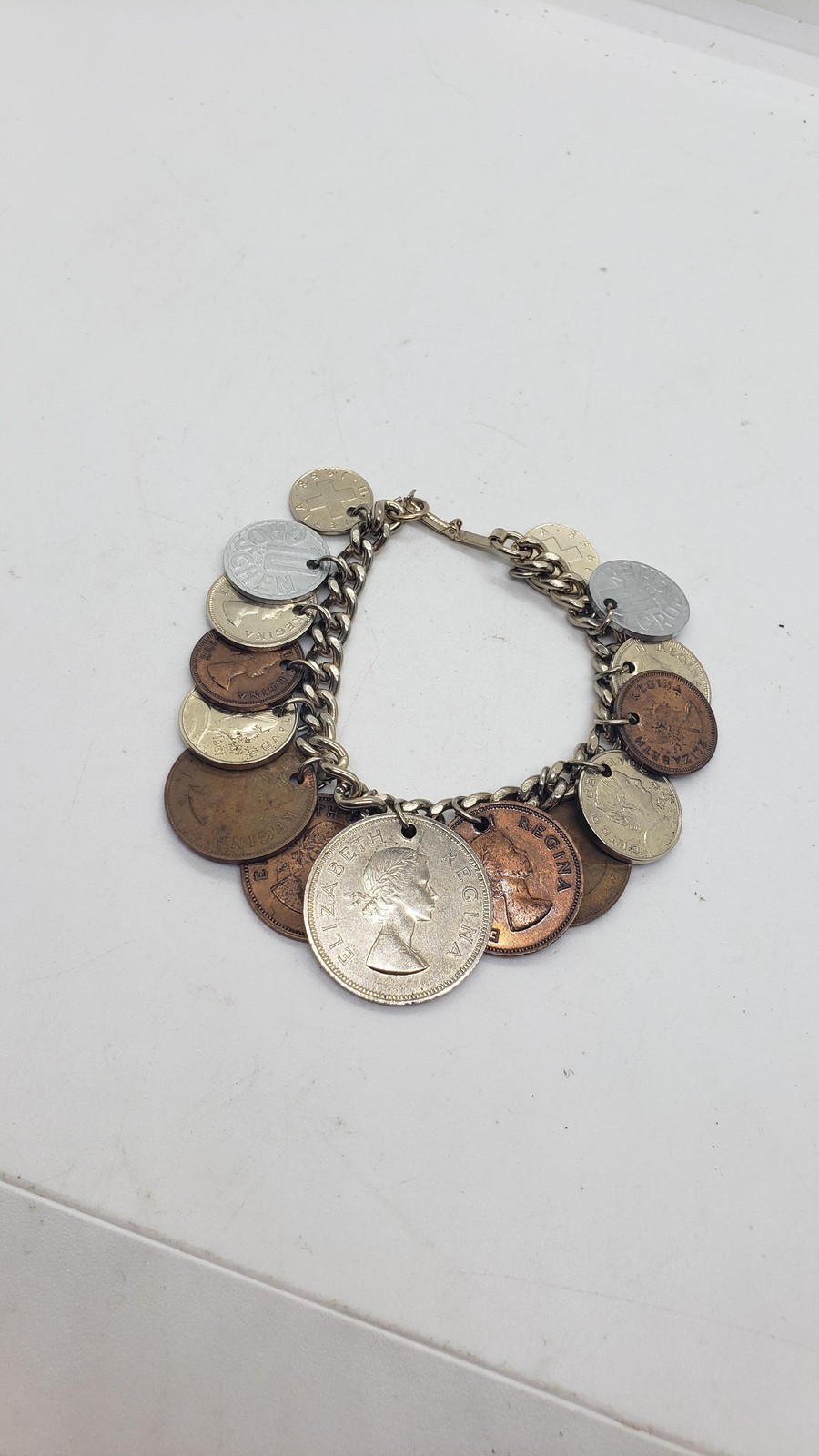 Vintage Coin Charm Bracelet Souvenir Mixed Coins Queen Elizabeth Regina Collect