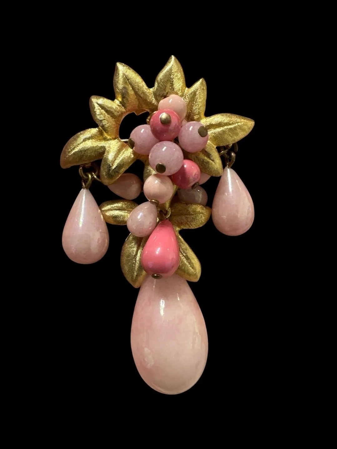 MARVELLA Pink Glass Dangle Pearls Satin Gold Tone Leaves & Glass Bead Brooch