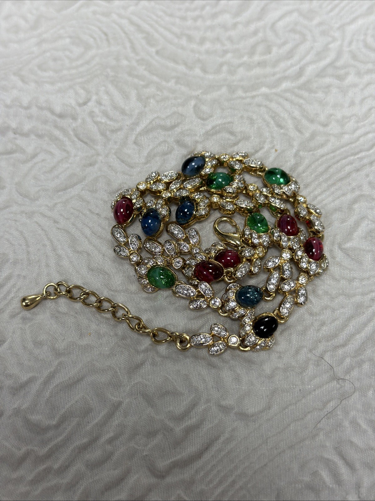Vintage Red Blue Green Cabochon Marquise Cut Swarovski Crystal 16” Necklace