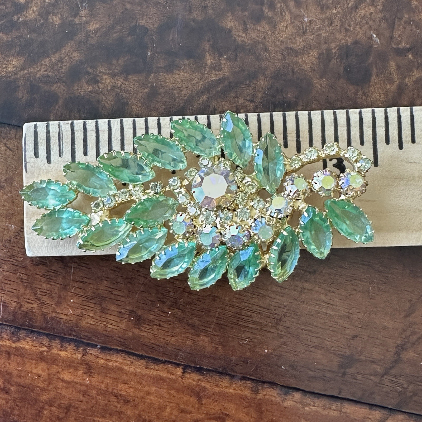 VTG MCM Artisan Brooch 3.5 Inch Earrings Set Green Crystal Gold Floral Leaf USA