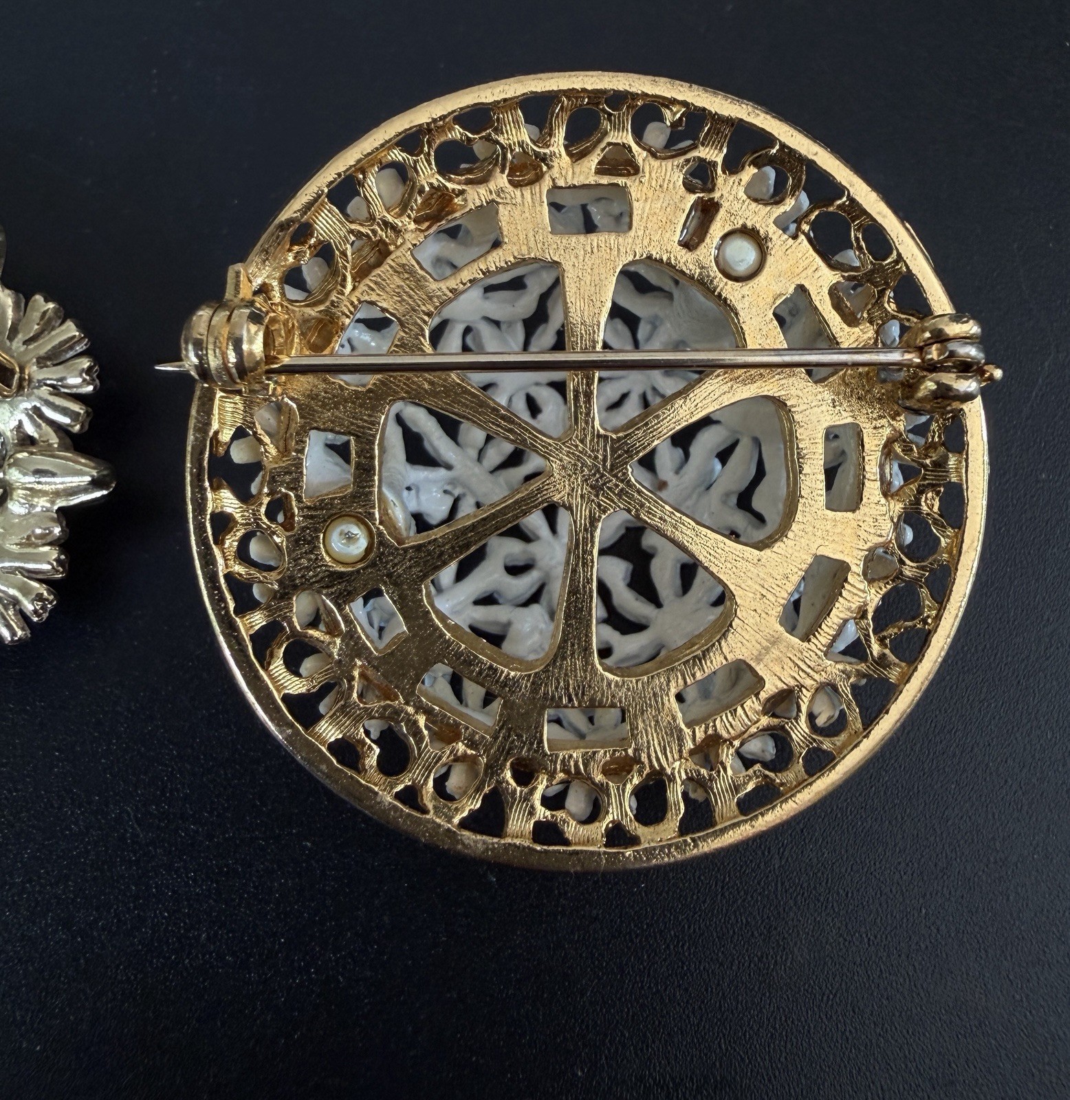 60s Lot 2 Daisy Brooch Mod White Enamel Flower Dome Pin Gold Vintage