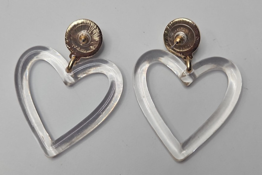 Vtg Dangle Sugarfix Earrings Clear Heart Shaped Frames Textured Gold Tone Studs