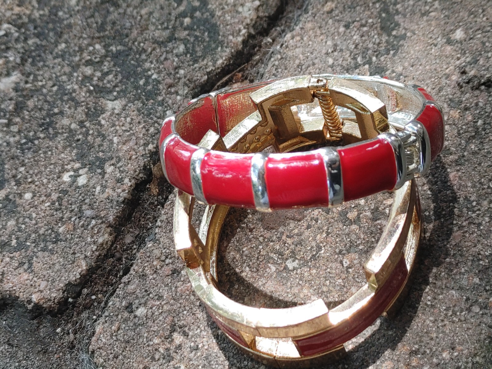 2 Vintage Hinged Bangle Bracelets with Red Enamel 1 Gold Tone 1 Silver Tone 80’s