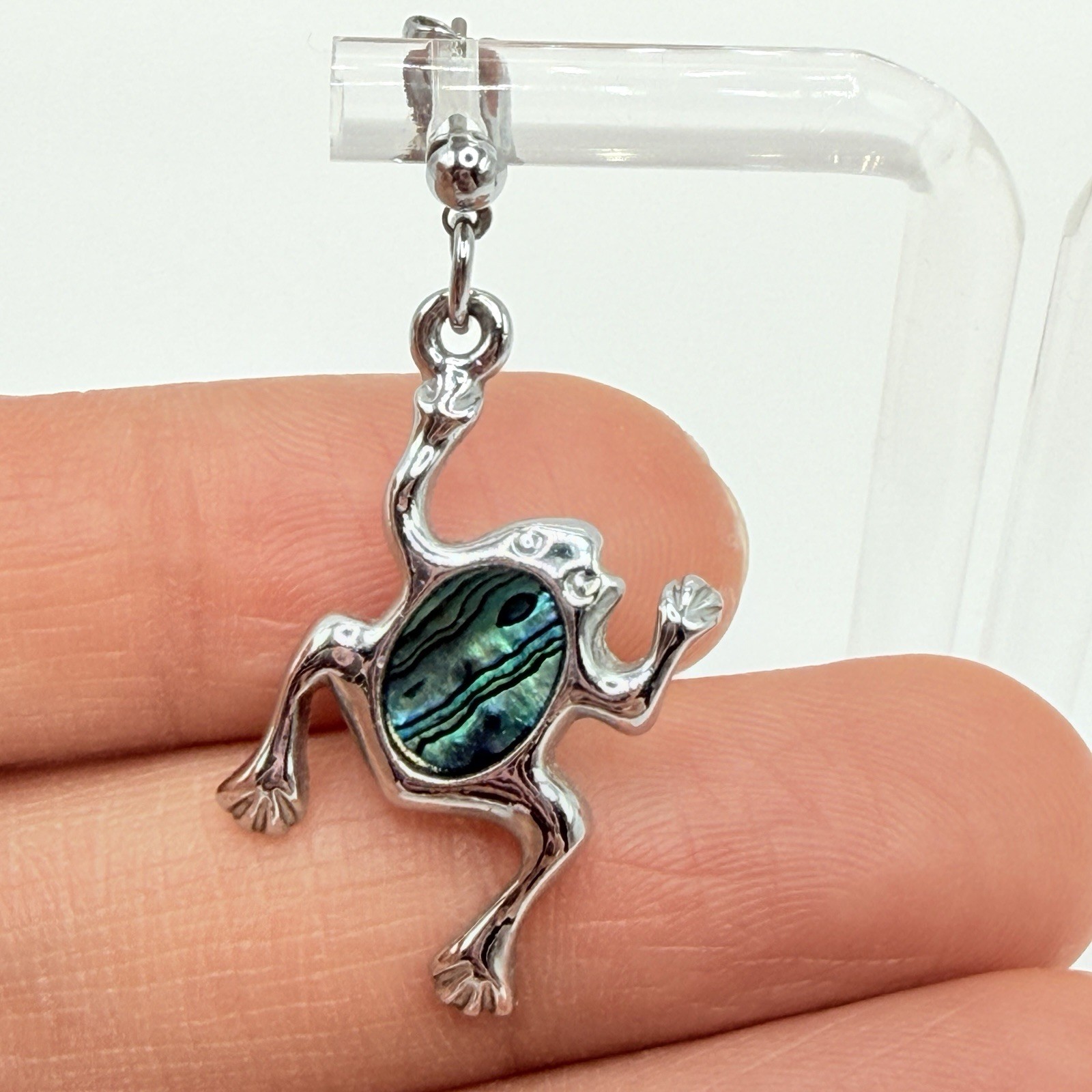 Cute Abalone Paua Shell Silver Tone Frog Animal 90s 1” Pierced Earrings