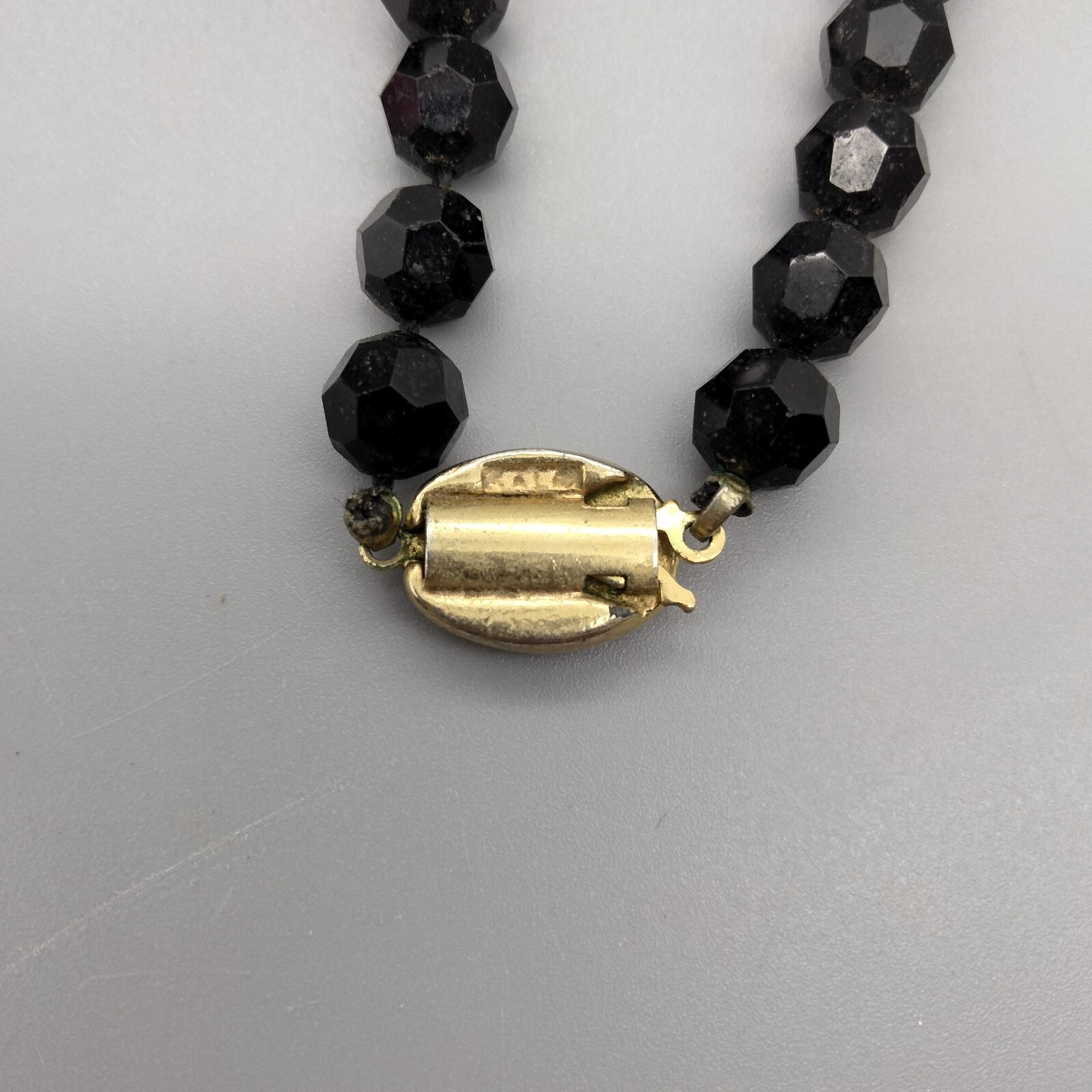 Gothic Goth Black Faceted Glass Mourning Beads 32″ Necklace Vintage Ornate Clasp