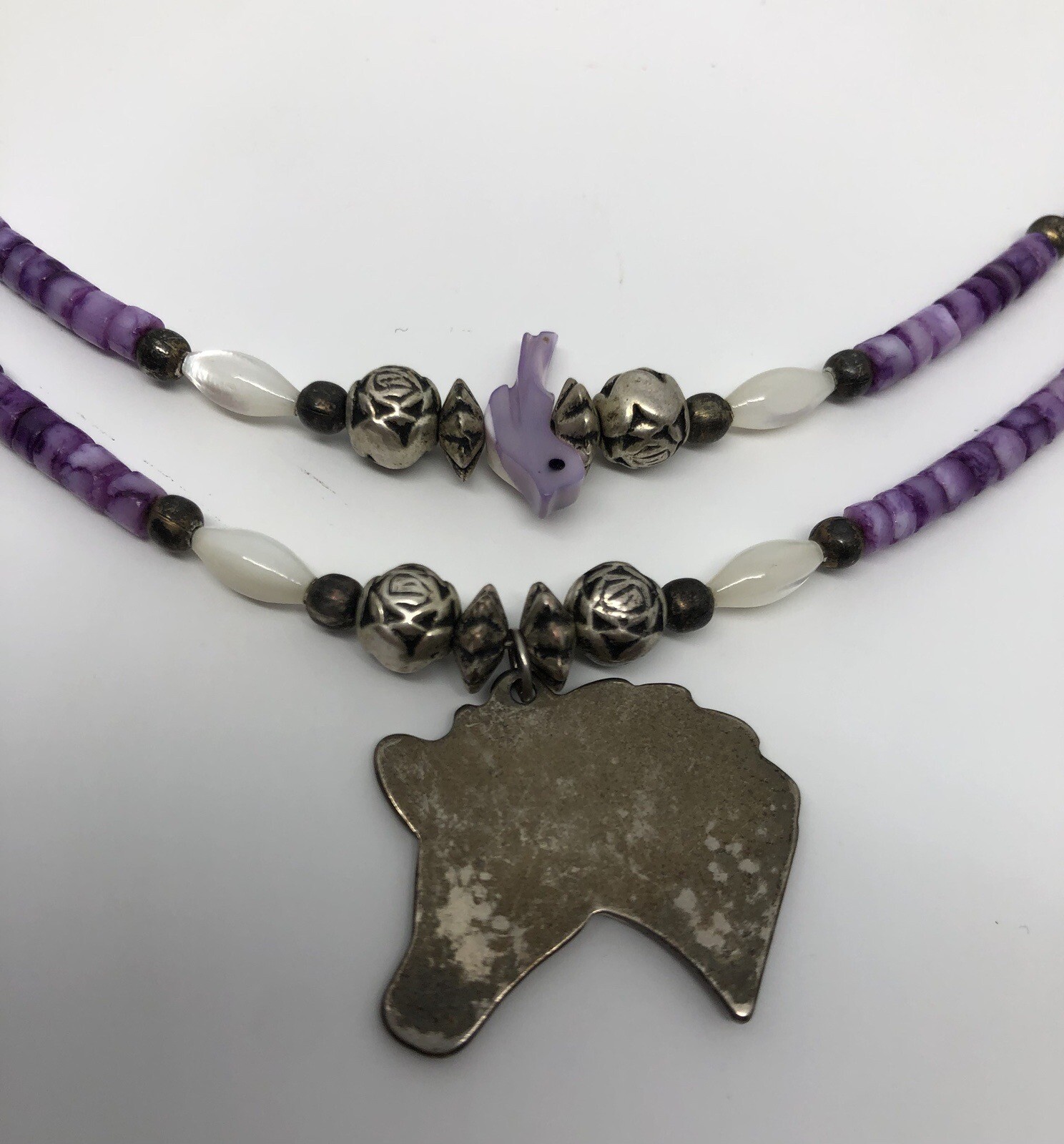 Equestrian Horse Necklace Purple Pony Pendant Silver Roses Beaded Bird 16”