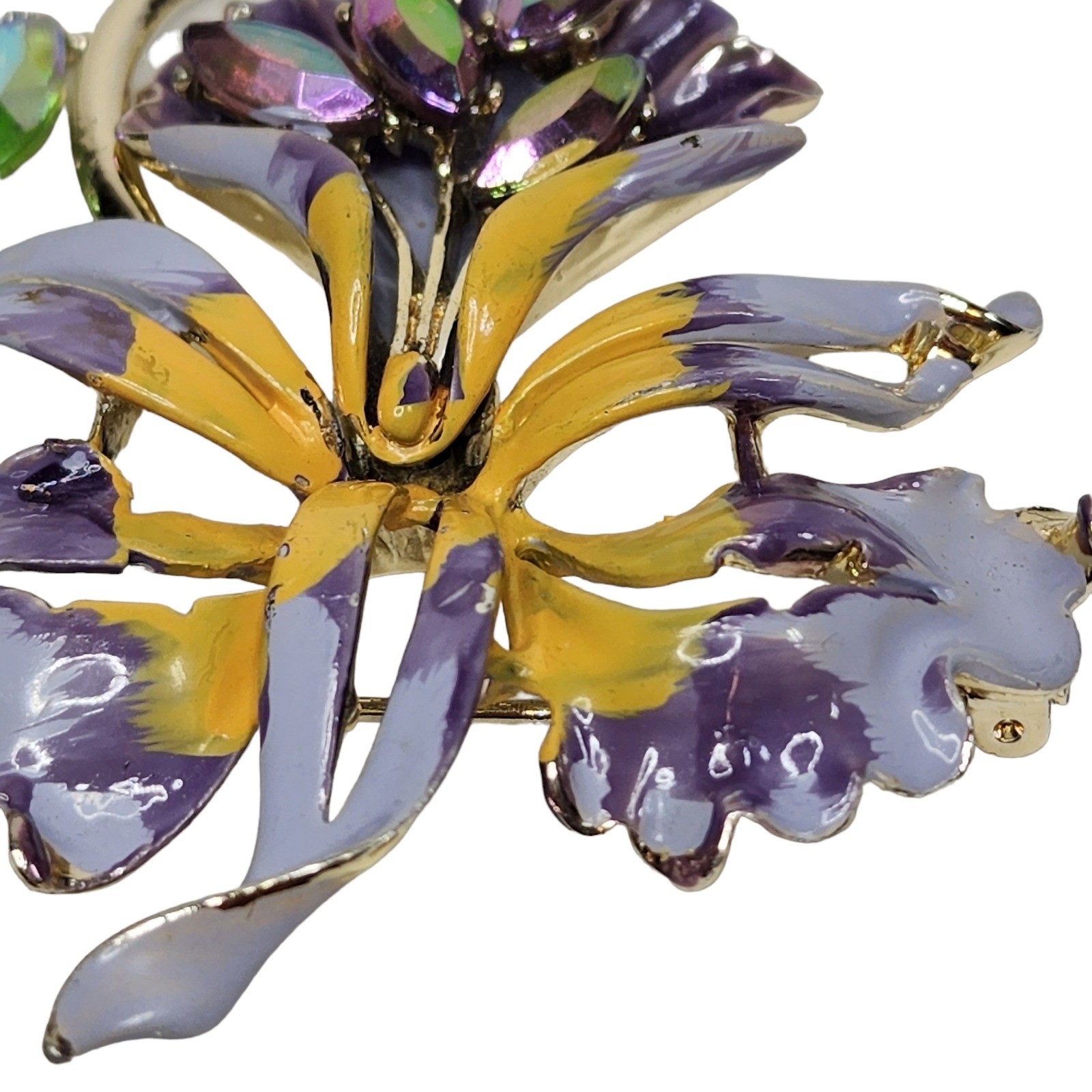 Vintage Signed B.S.K. Orchid Brooch Enamel Glass Crystal Purple Brooch Pin