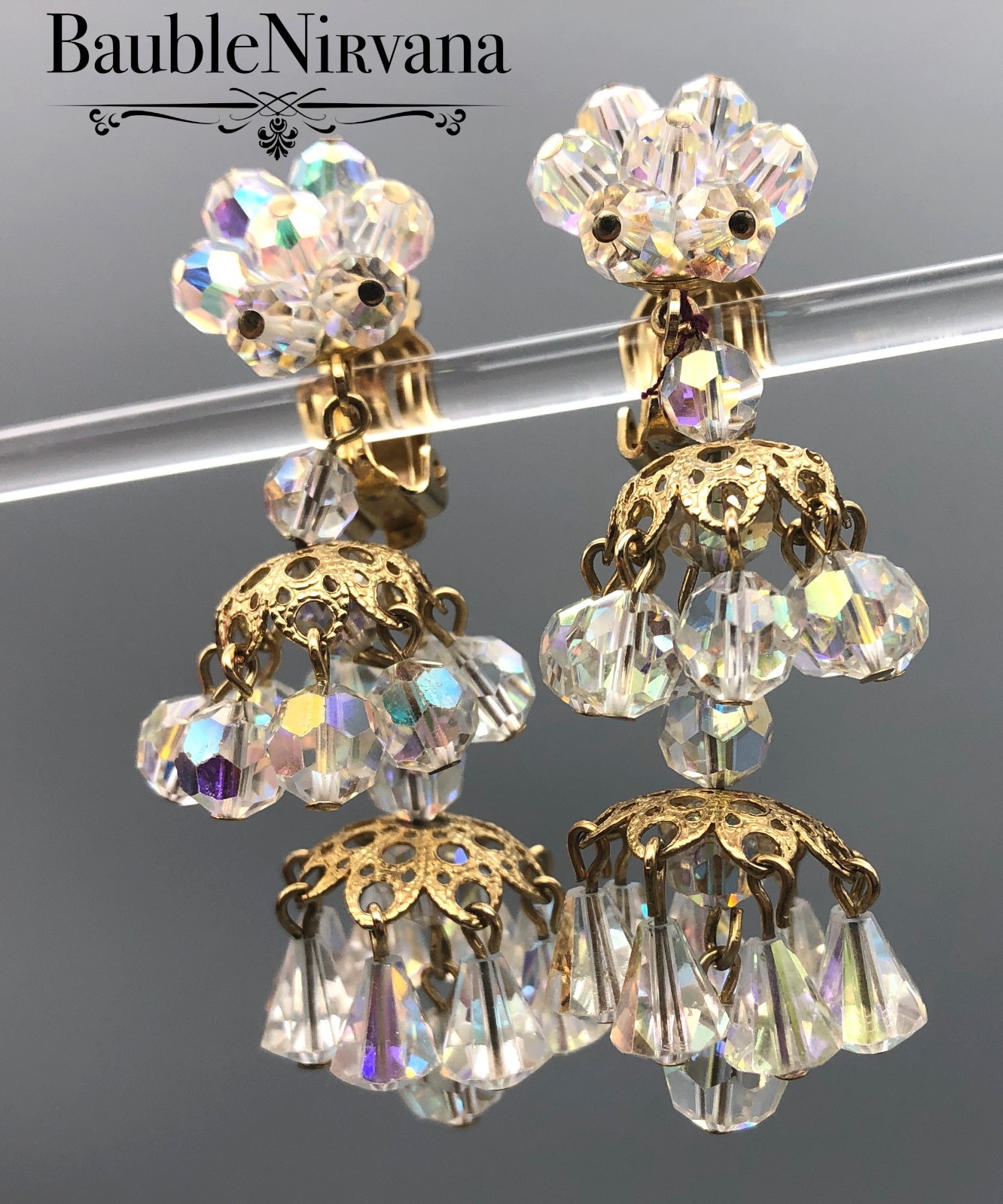 Vintage Austrian Crystal AB Bell & Round Faceted Beads Chandelier Earrings