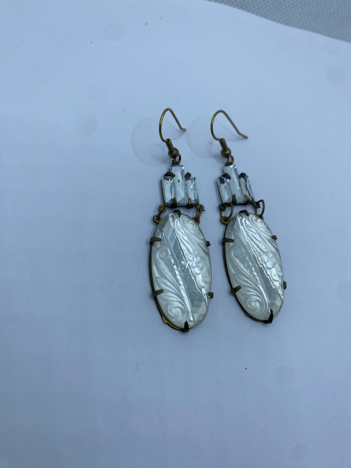 Glass Works Studio Earrings Frosted Clear Etched Faceted Glass & Rhinestones