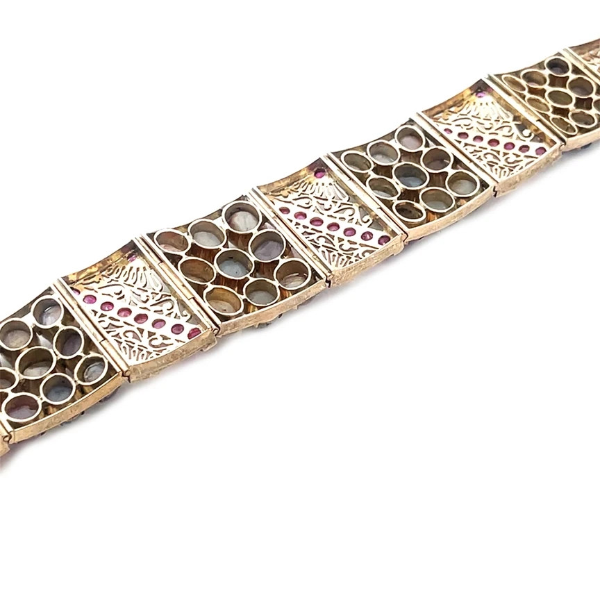 Ruby Star Sapphire Gold Bracelet 8k Art Deco White Filigree Rectangle Links