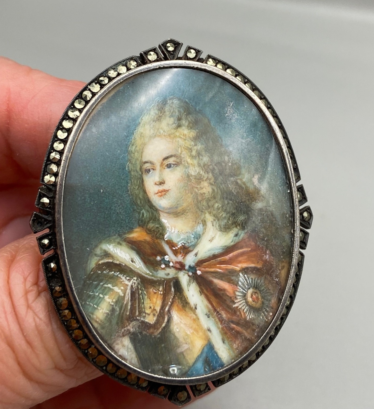 Antique Sterling Portrait Miniature Yong August II the Strong Brooch Pendant
