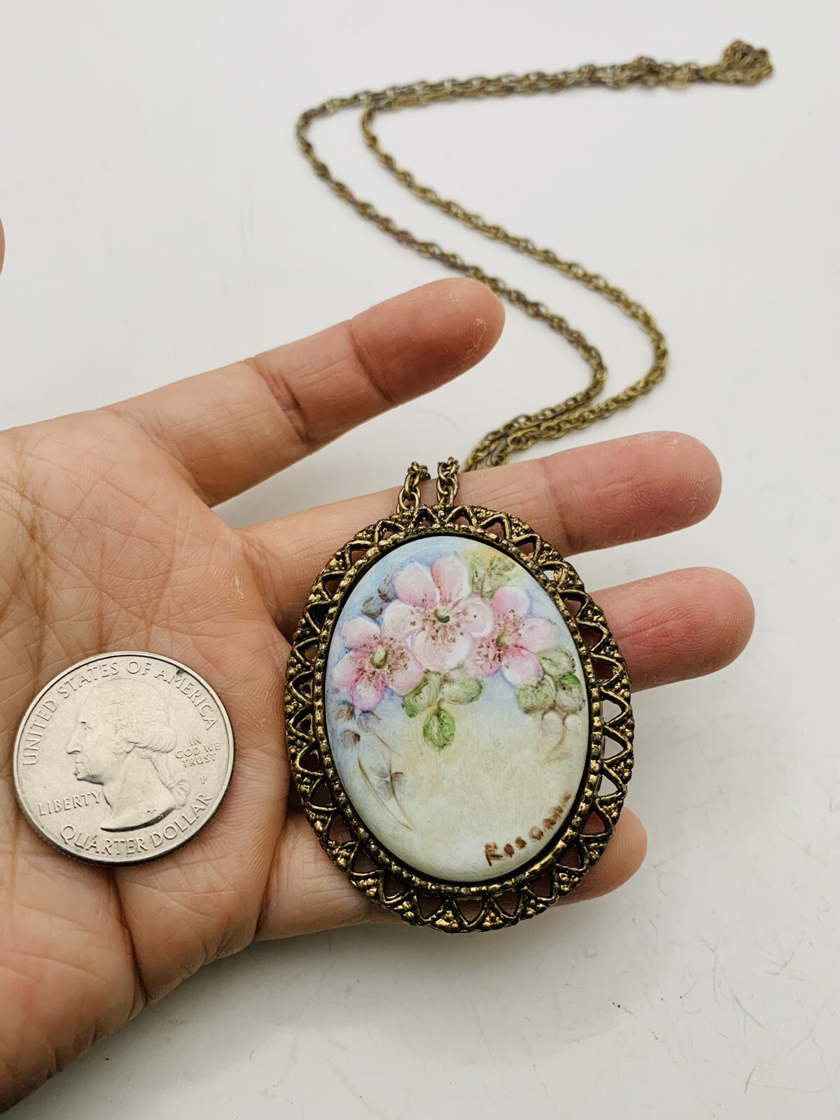 Vintage Cottagecore Hand Painted Pink Flower Nature Scene Artist Signed Necklace