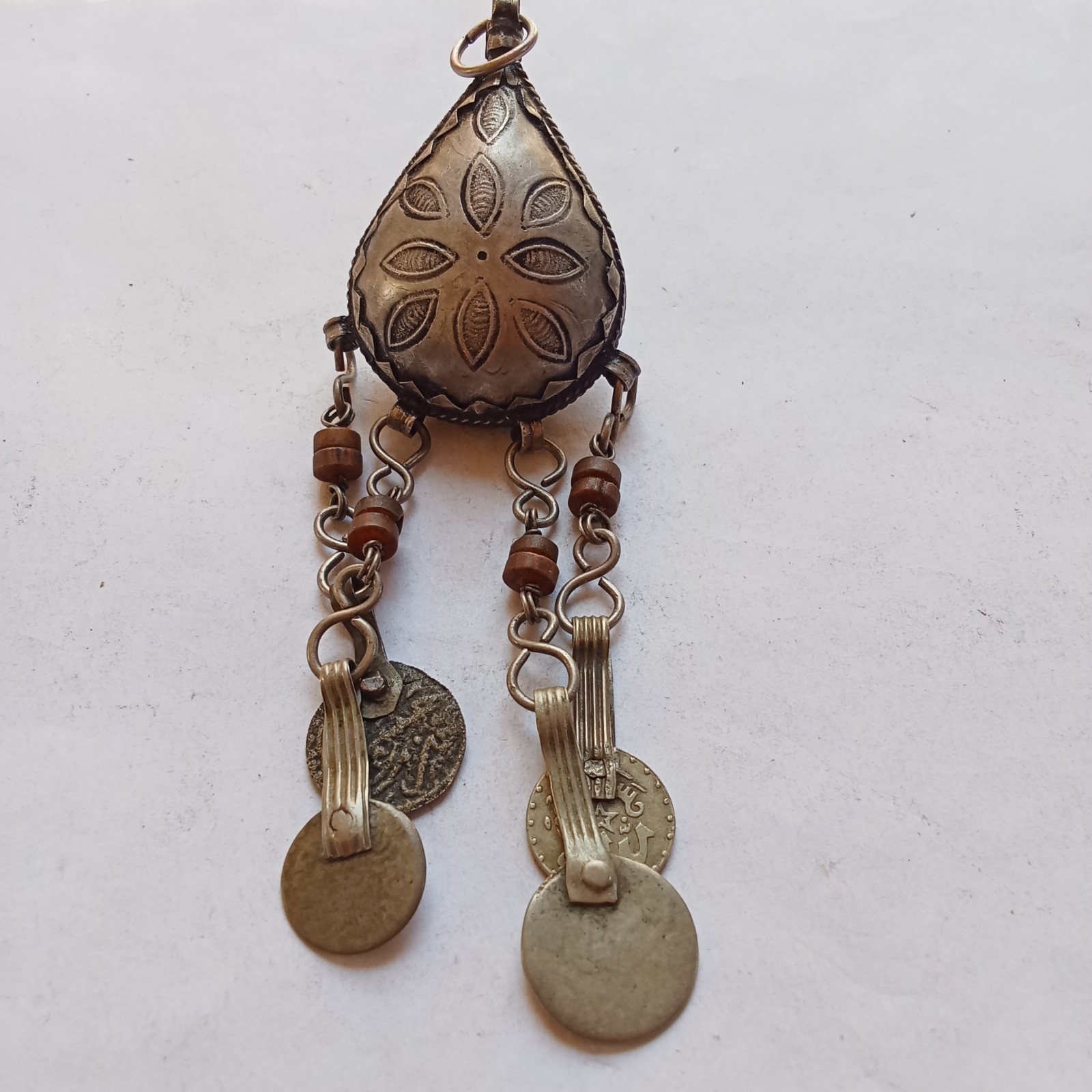 Antique Silver Tone Bedouin Prayer Box Necklace Dangle Bells