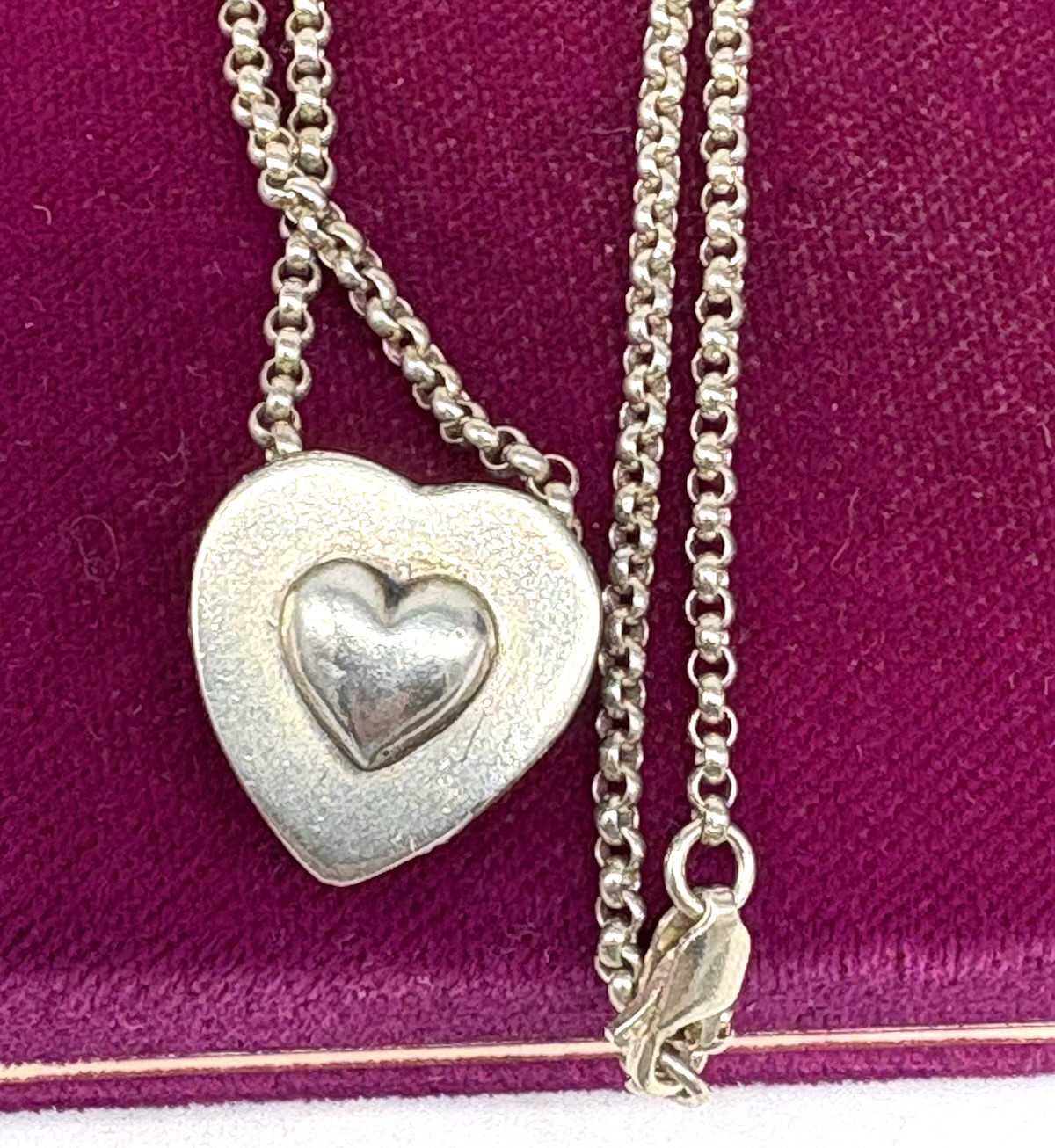 Aldrich Art Jewelry Necklace Blue Purple Heart Inlay Sterling Silver Vintage 18″