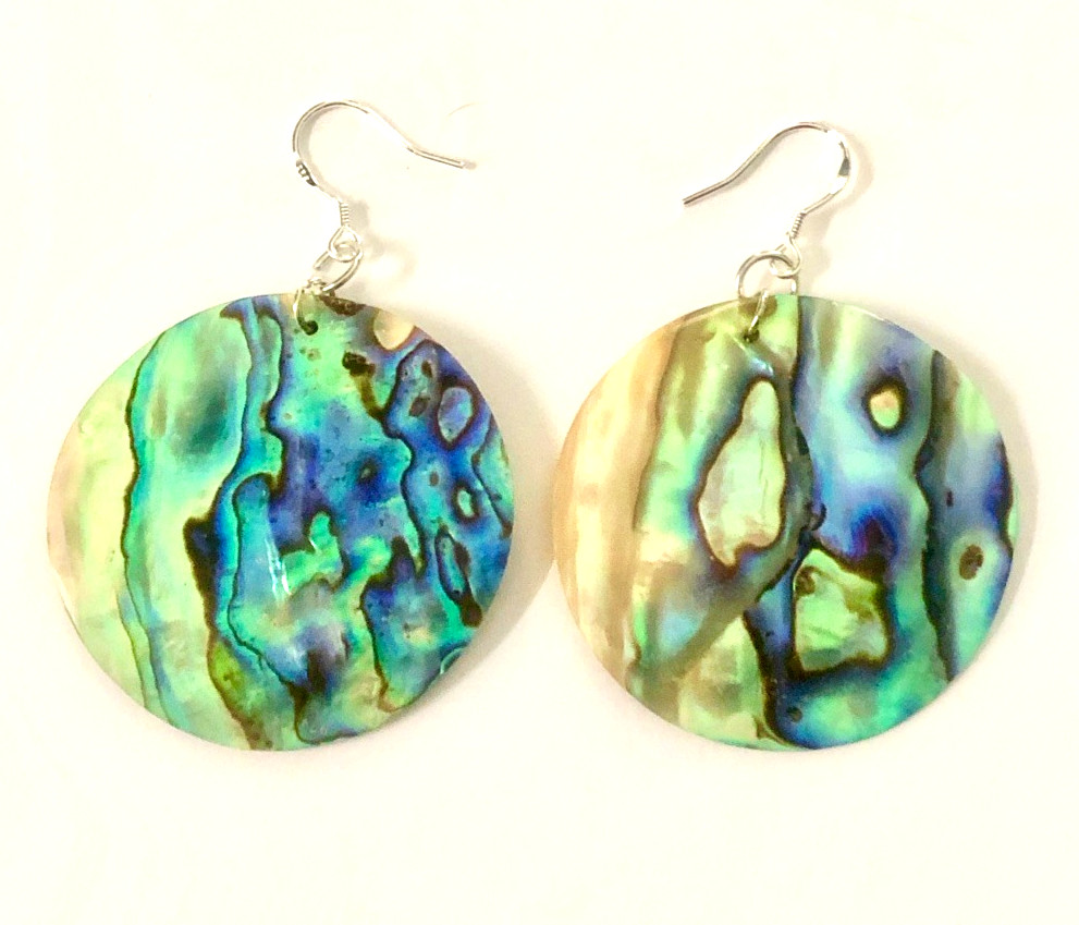 VTG Paua Abalone Shell Round DISK EARRINGS 2.25″ Peacock Blue Green 925 HOOKS