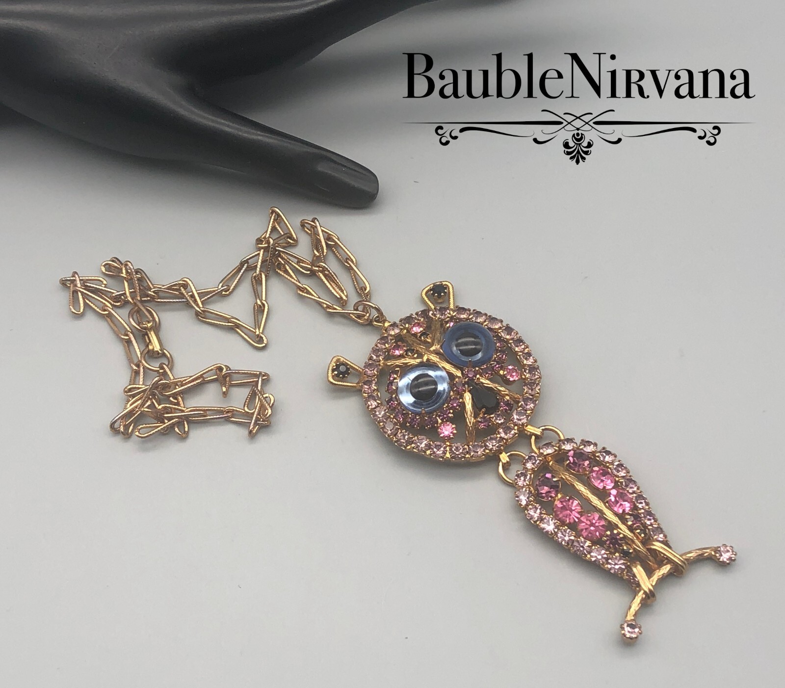 Vintage Large Dangling Owl Pendant Purple Pink Google Glass Eyes