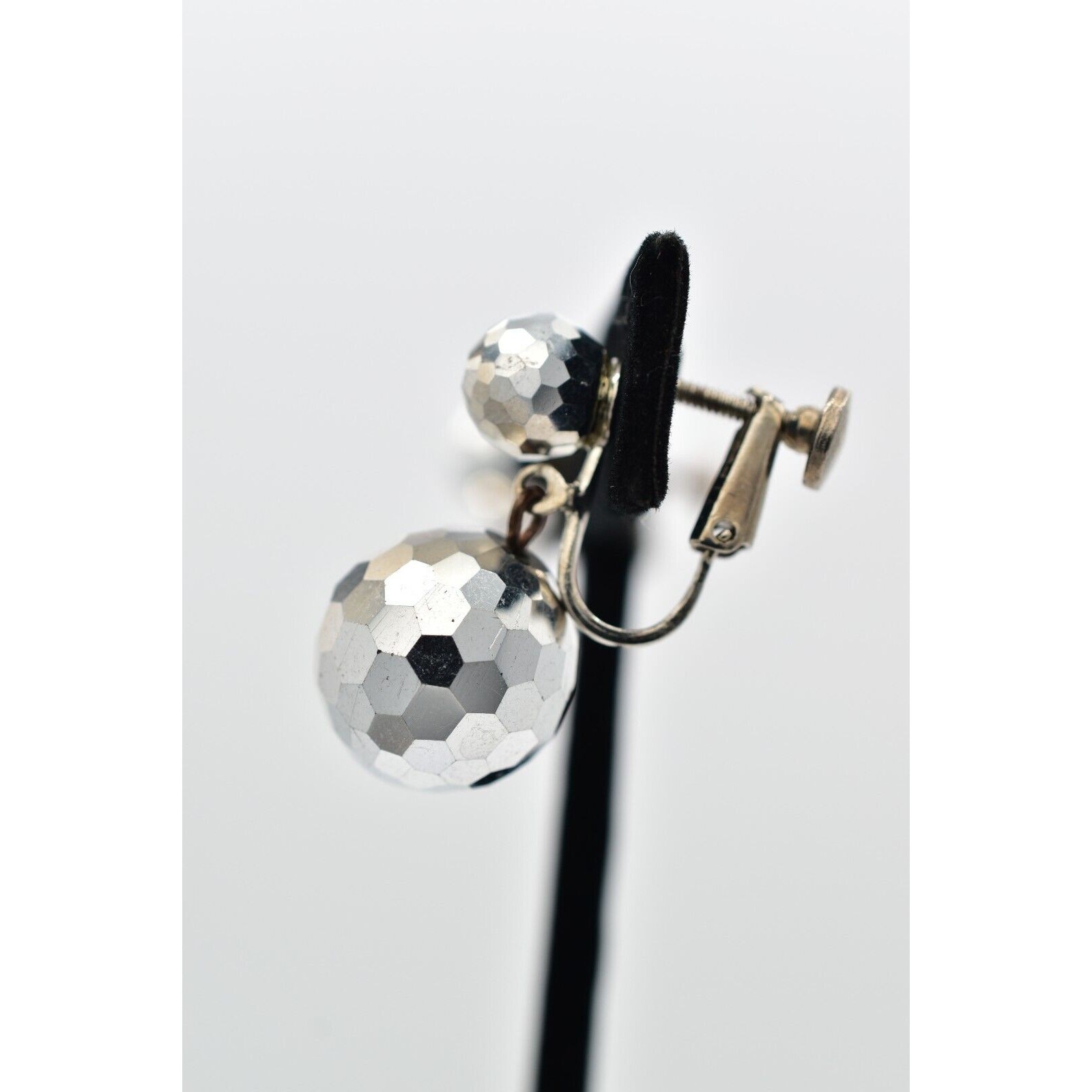 Vintage Crystal Clip On Earrings Silver Dangle Disco Ball Drop Glam 1950s A24