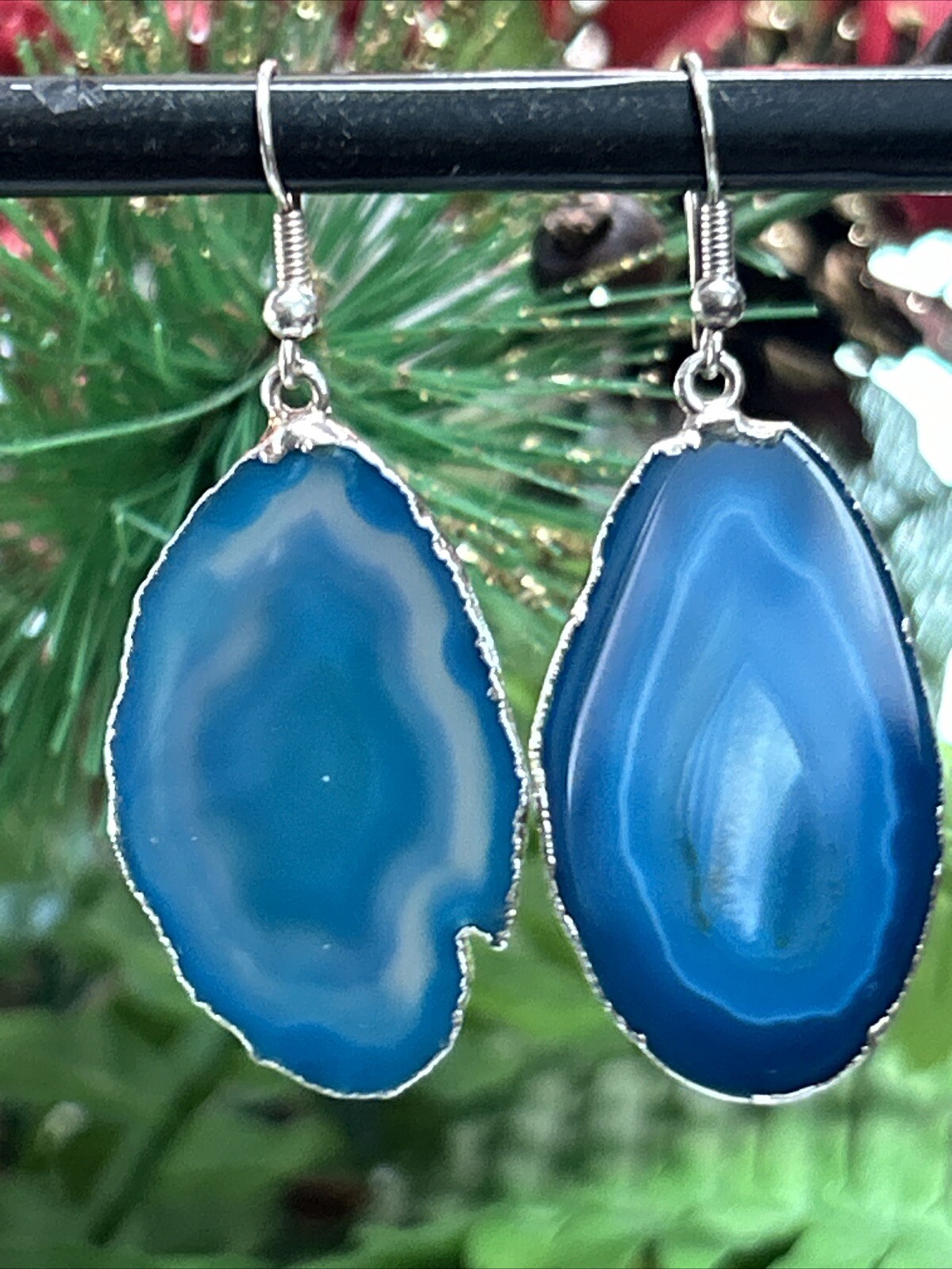 Vintage Silver Tone Blue Geode Slice Dangle Drop Pierced Earrings Large 2.25”
