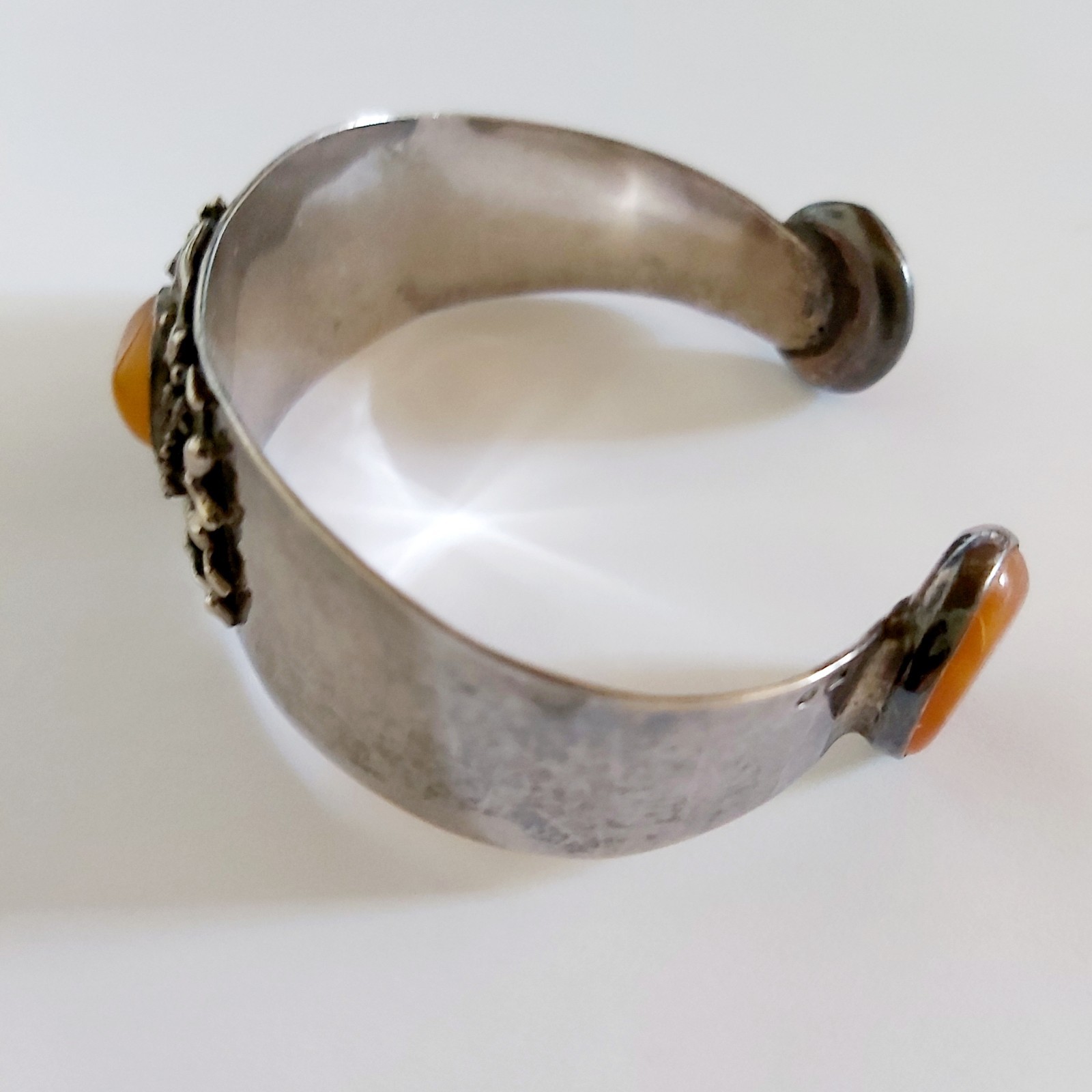 Antique Art Deco Sterling Silver Cuff Bracelet Original Design 3 Amber Inserts
