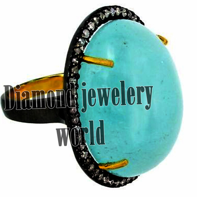 1.38ctw Rose Cut Diamond Turquoise Studded Silver Vintage Gorgeous Ring Jewelry