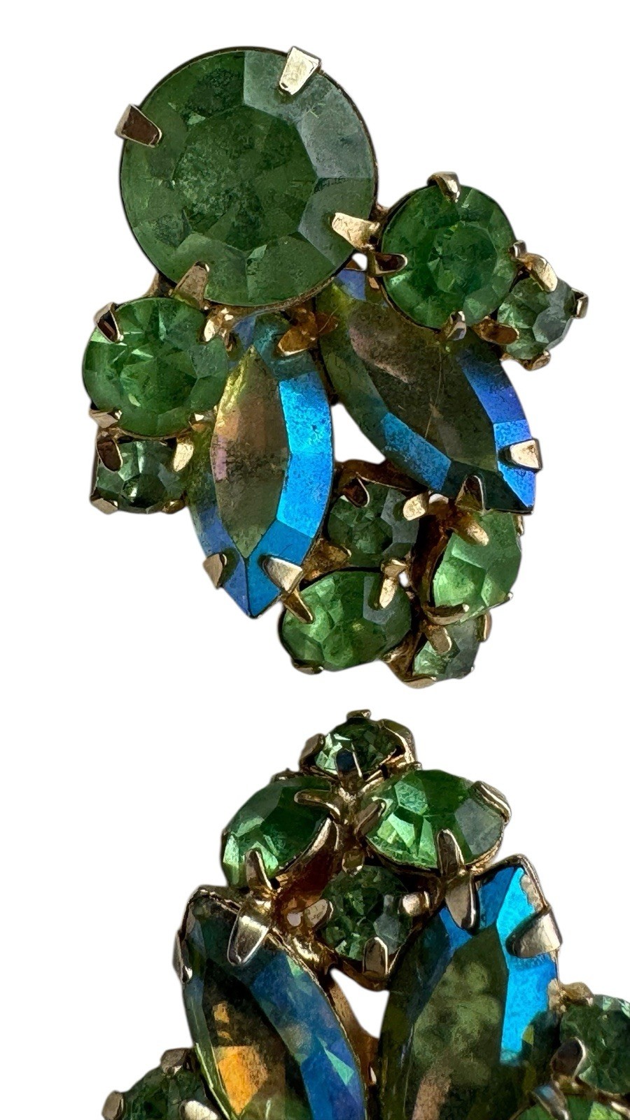 VTG Robert La Roco Green/Blue Rhinestone Clip earrings Gold Tone Fashion Bug