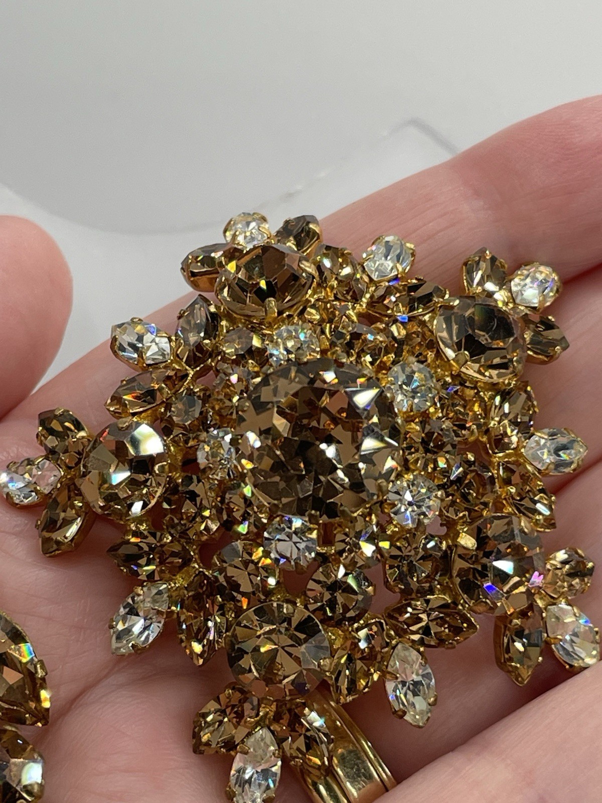 Vintage Austrian Signed Brooch And Earrings Featuring Topaz & Clear Rhinestones