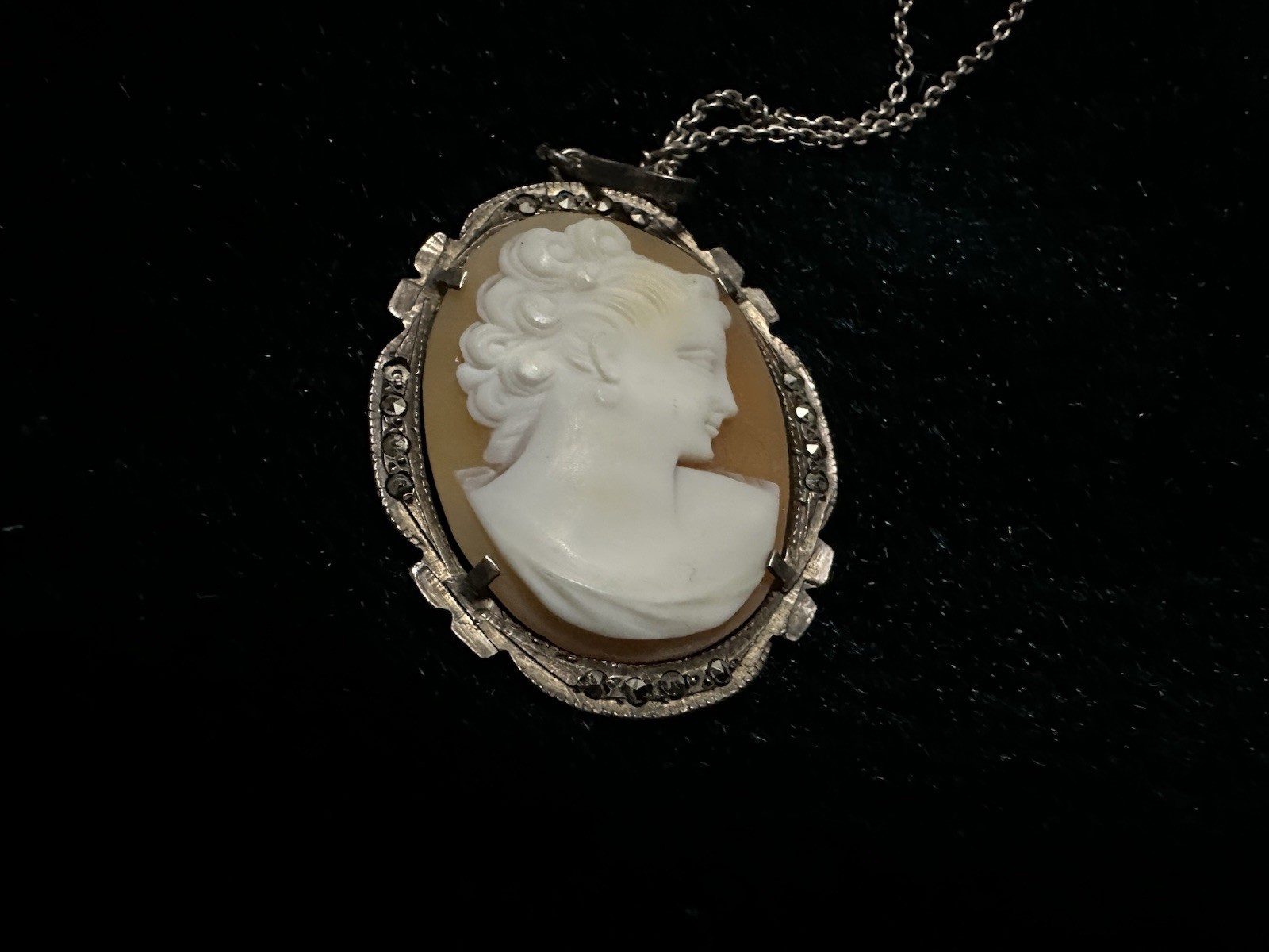 Vintage/Antique Genuine Shell Cameo Necklace, Brac, Sterling Silver. Victorian.