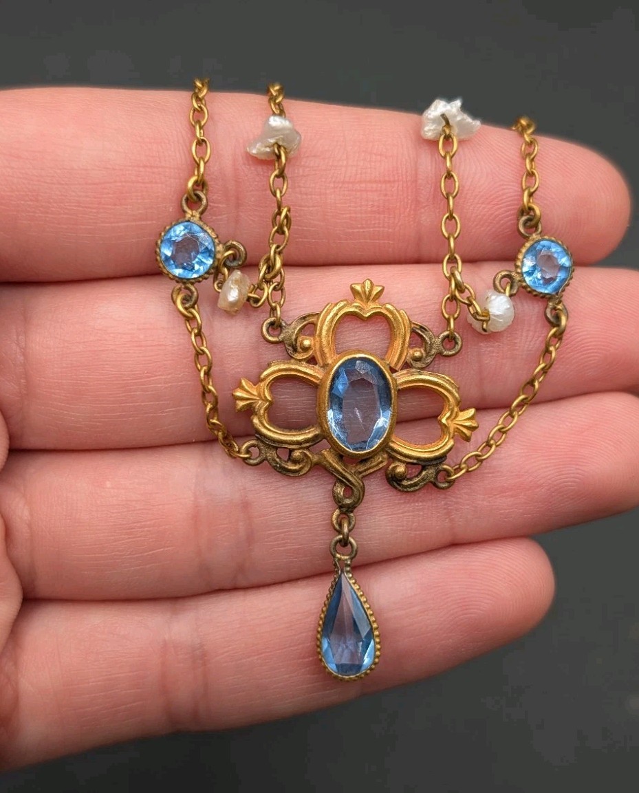 AMAZING Art Nouveau Era Festoon Blue Glass Pearl Antique Vintage Necklace 16″