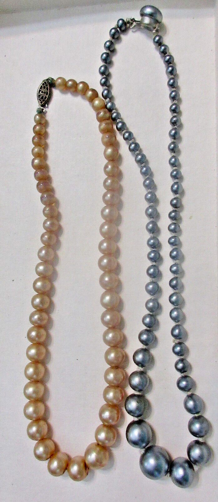 PAIR 1930’s Alabaster Pearl Necklace. Pink/BLUE Tones