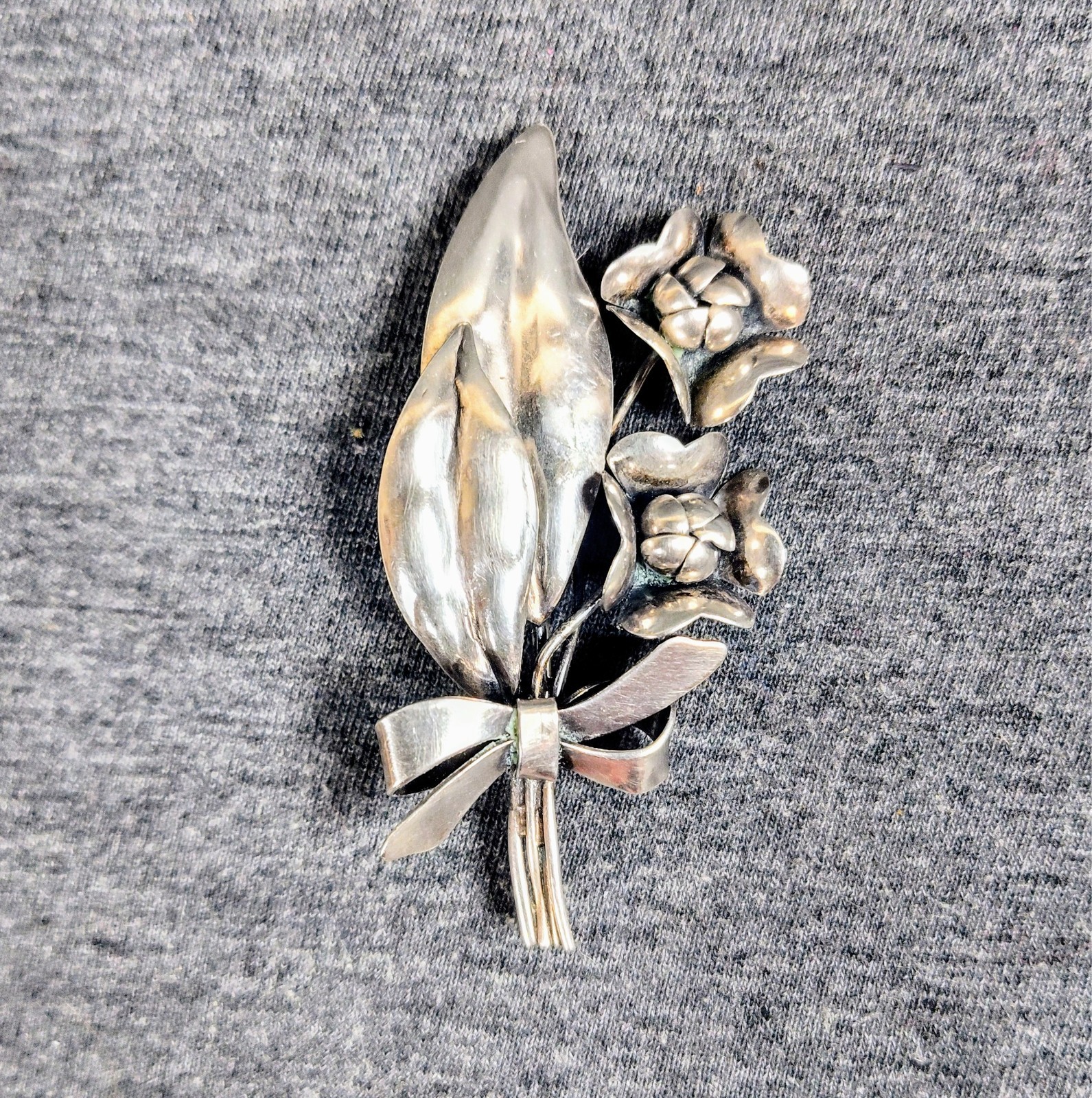 Vintage Mid Century Sterling Silver Handmade Floral Bow Bouquet Brooch Pin