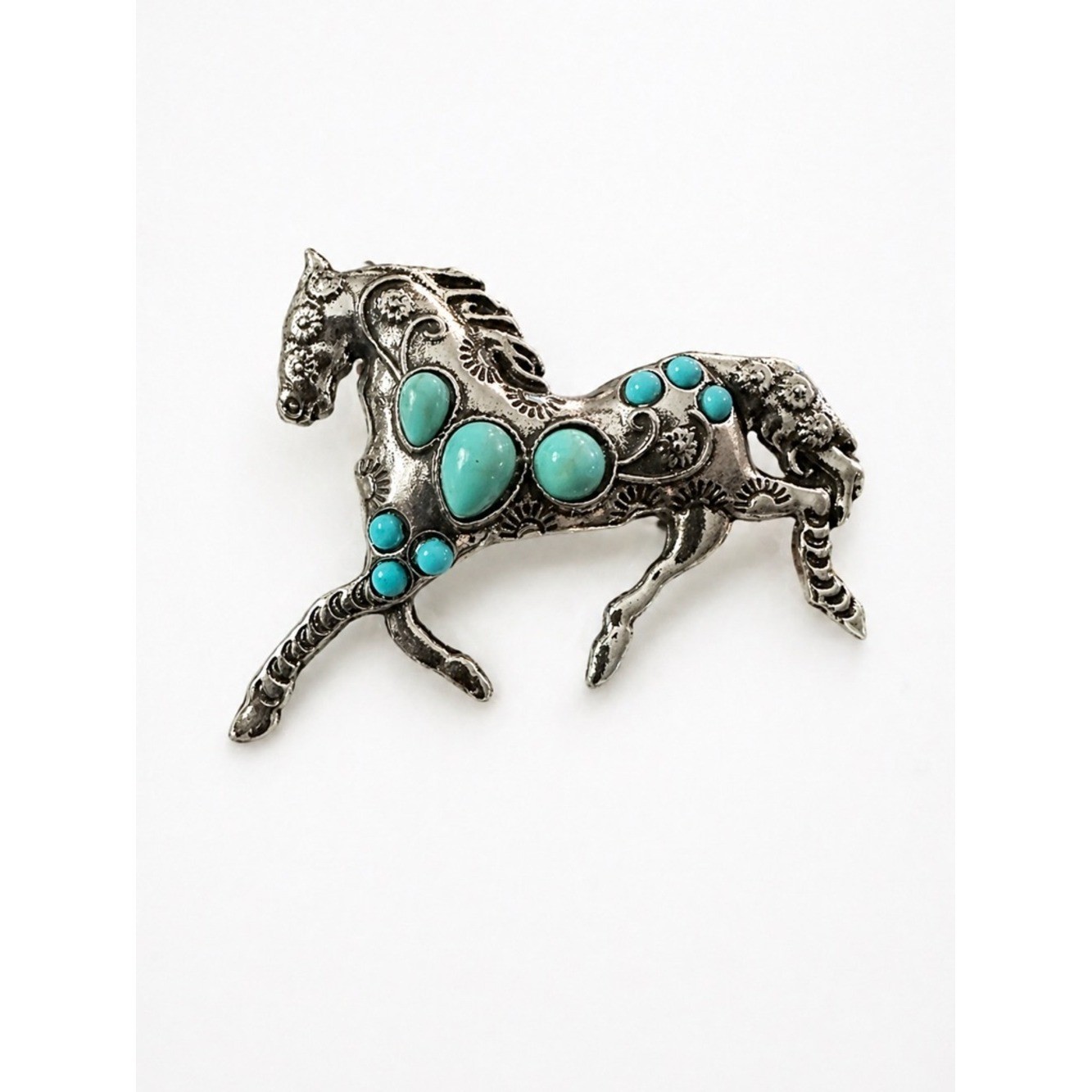 Vintage Style Silver Tone Horse Brooch Turquoise Cabochon Western Equestrian Pin