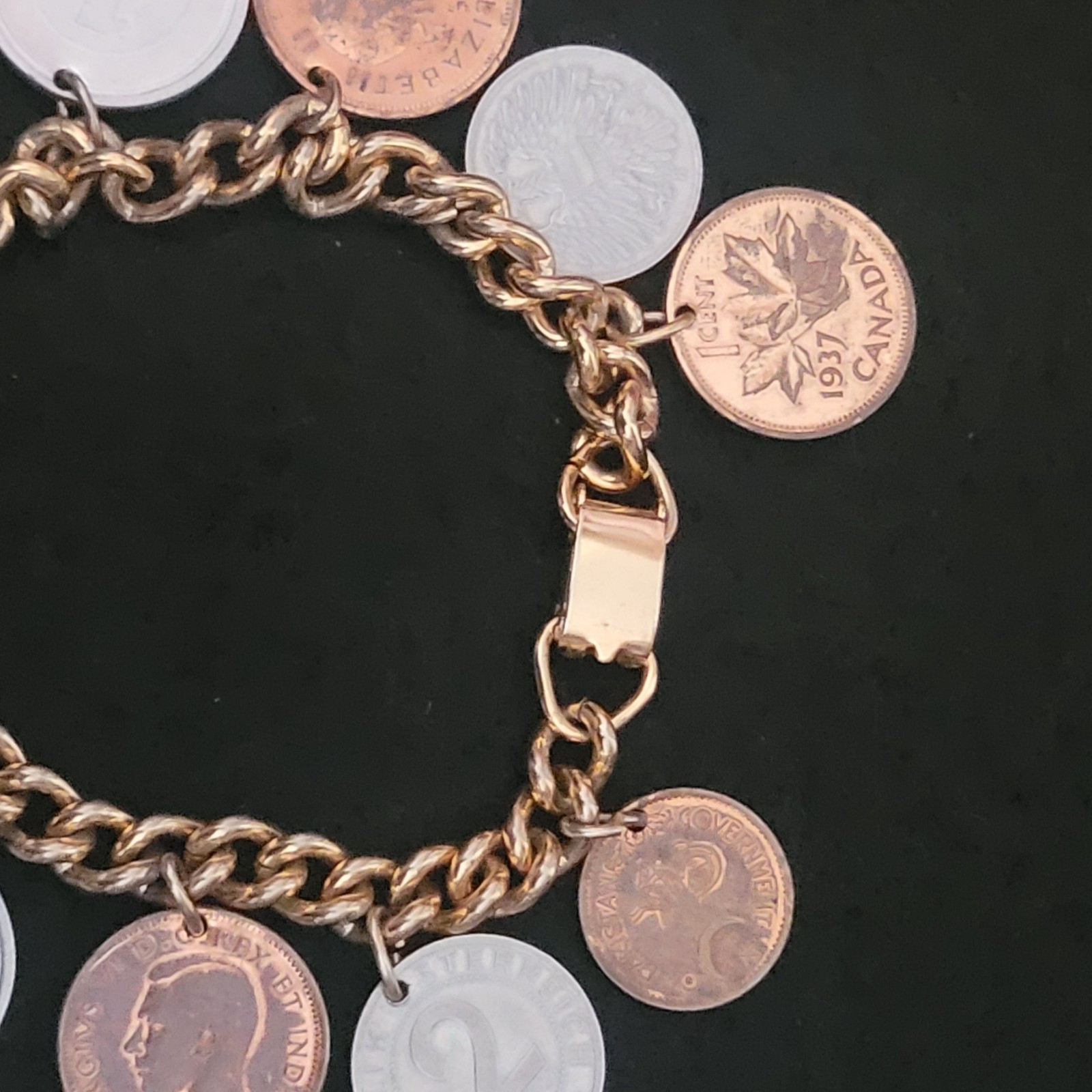 10 1930’s-1950’s Coins World Travel 6” Bracelet Can, Pak, Aut, Zaf, Jpn and Che