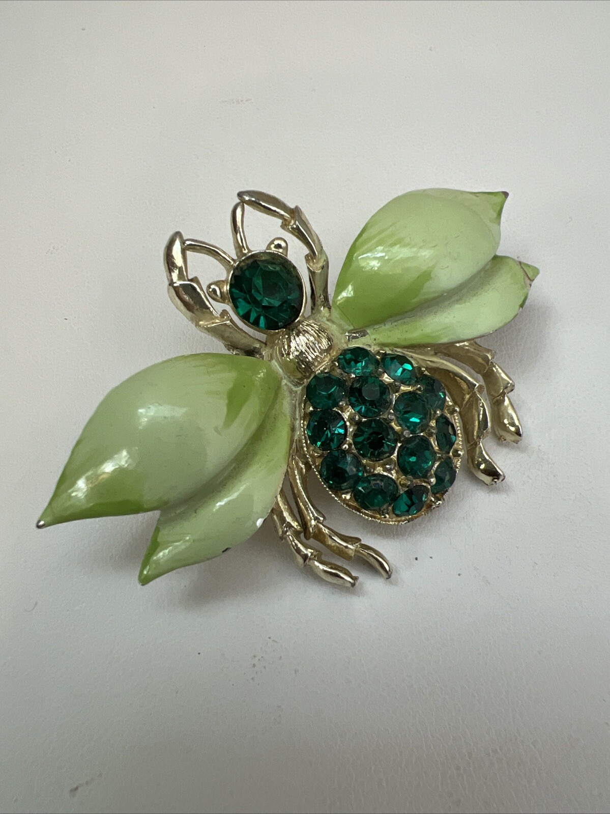Vintage Emerald Green Rhinestone Lime Green Enamel Flying Insect Bug Brooch