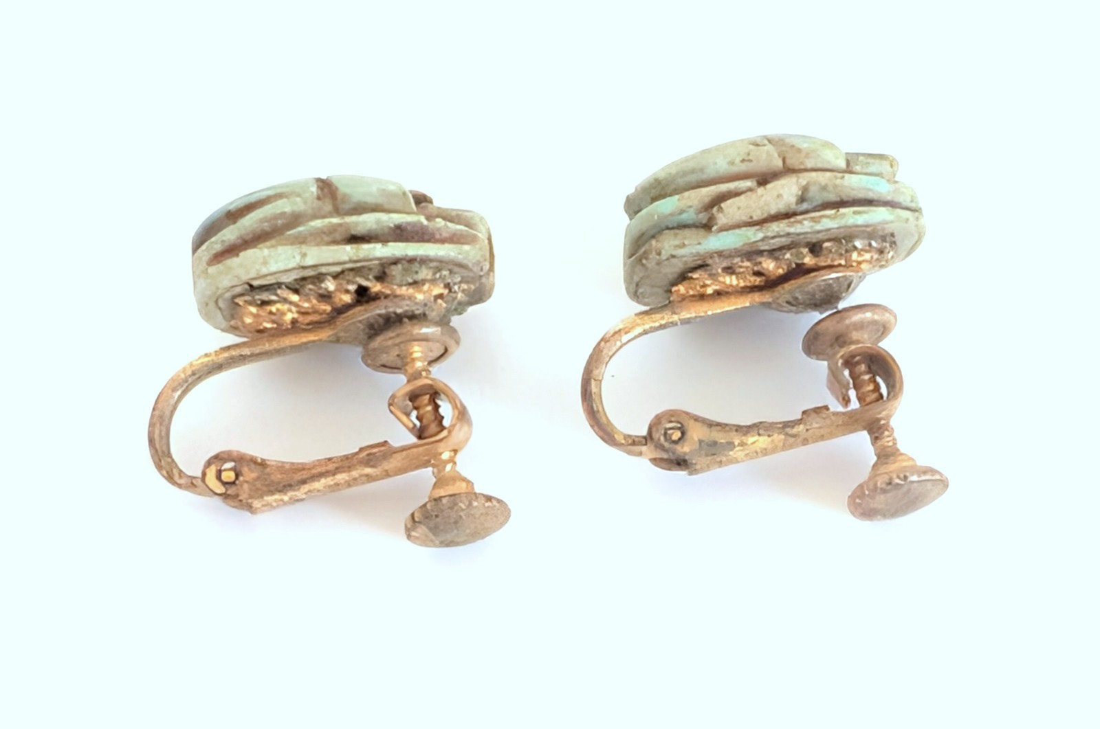 Wonderful Vintage Signed Miriam Haskell Egyptian Scarab Beetle Screw Earrings