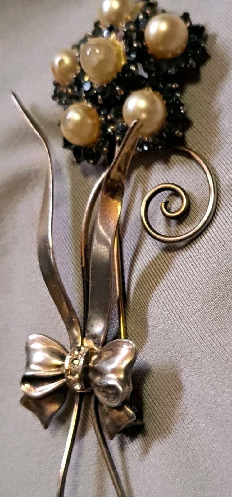 1950s 925 Sterling Silver Vermeil Blue Rhinestone Faux Pearl Brooch 3.5” 17gr