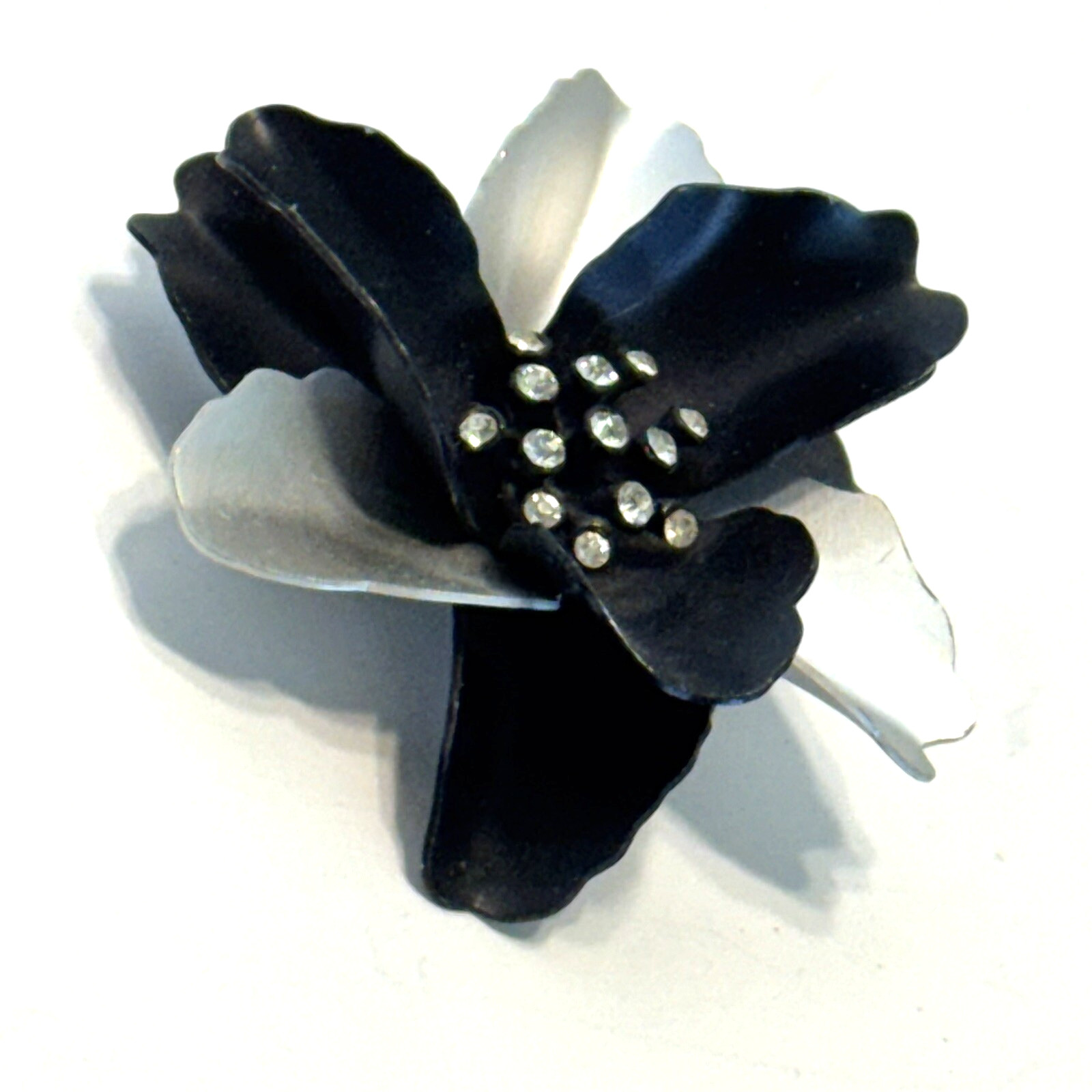 Vintage Black and Silver Flower Brooch Enamel Layered Petals Clear Rhinestones