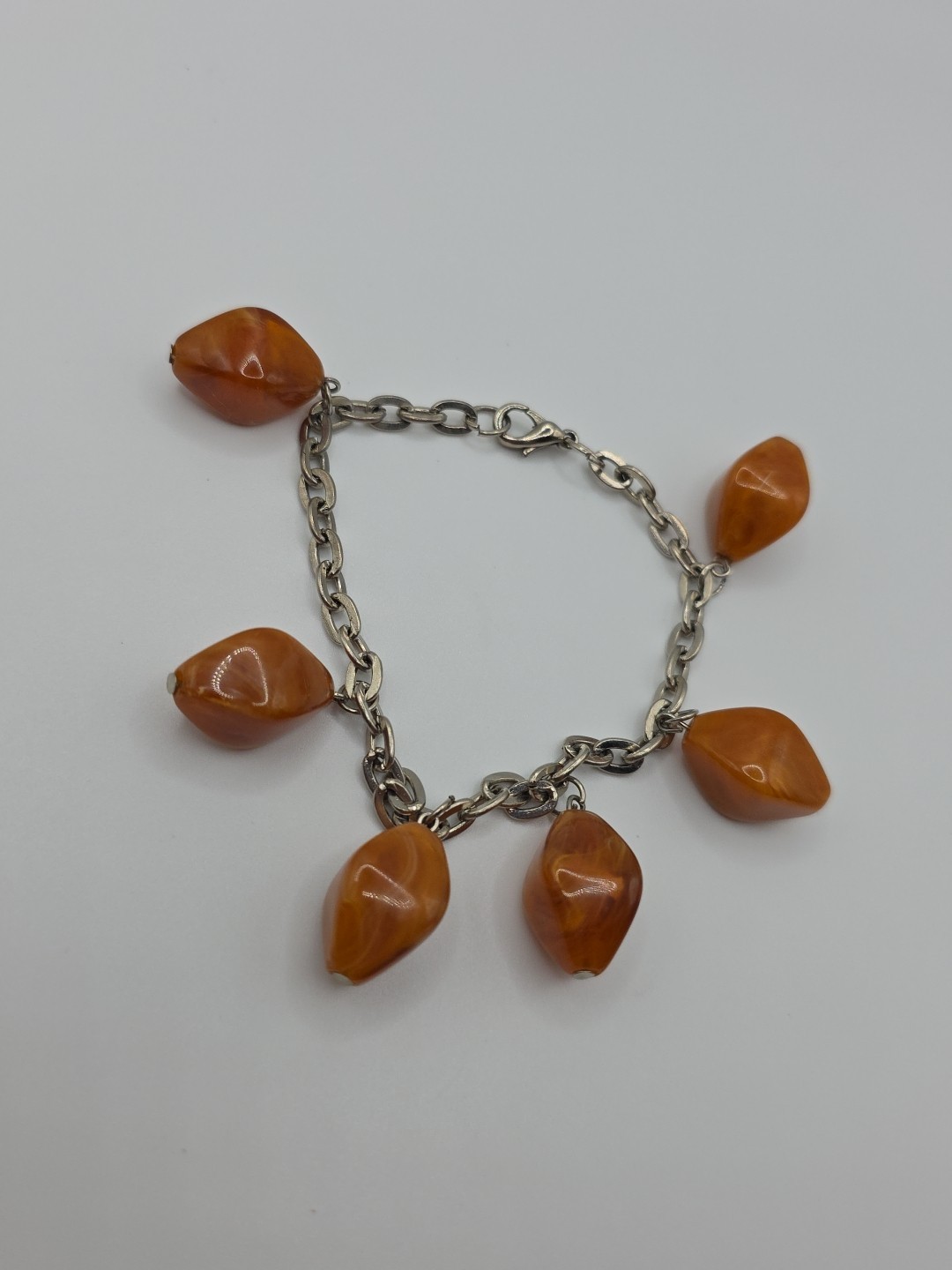 Vintage Marbled Orange Acrylic Charm Bracelet Chunky Retro Dangle Drop Charms