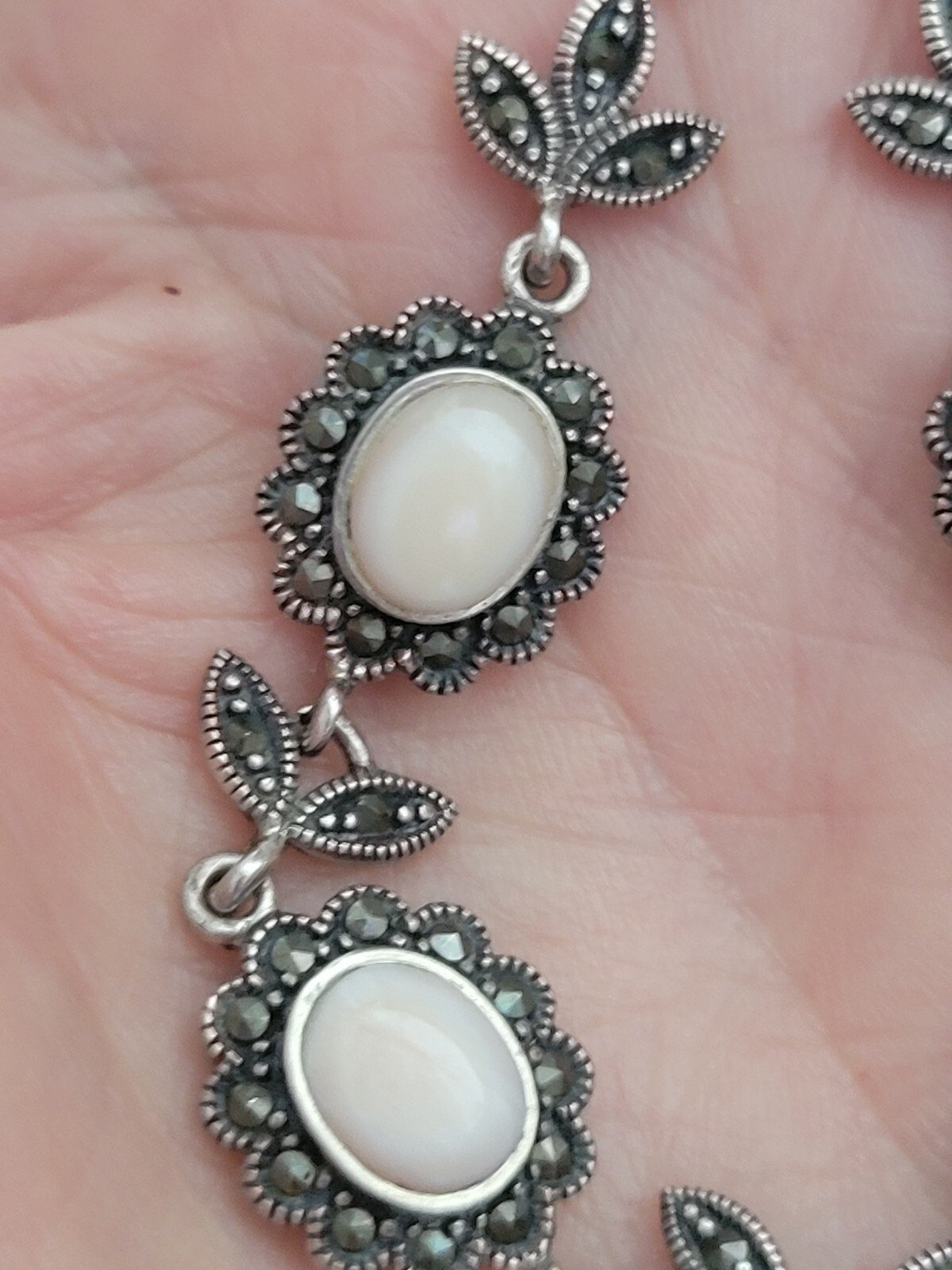 Edwardian/Victorian Style Sterling/Marcasite/ Angel Skin Coral Station Necklace