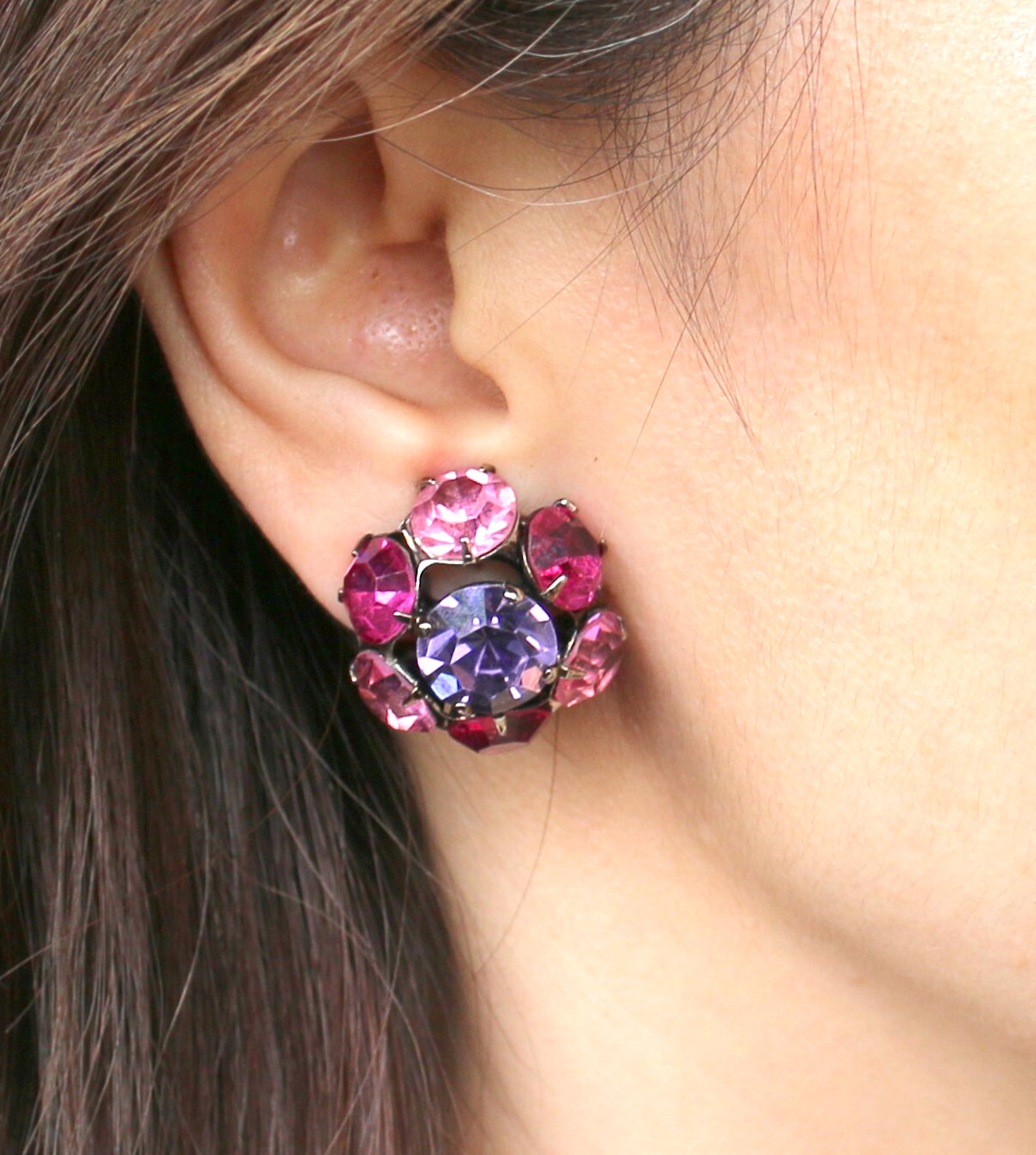 Lovely Vintage Pink & Purple Rhinestone Flower Shape Gunmetal Clip On Earrings