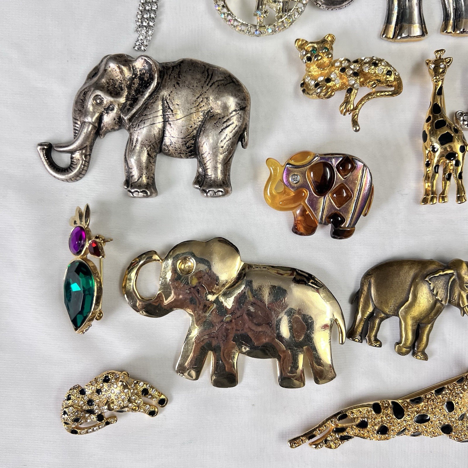 Vintage Safari Animal Brooch Pin Lot of 18 Faux Pearl Crystal Enamel Gold Tone