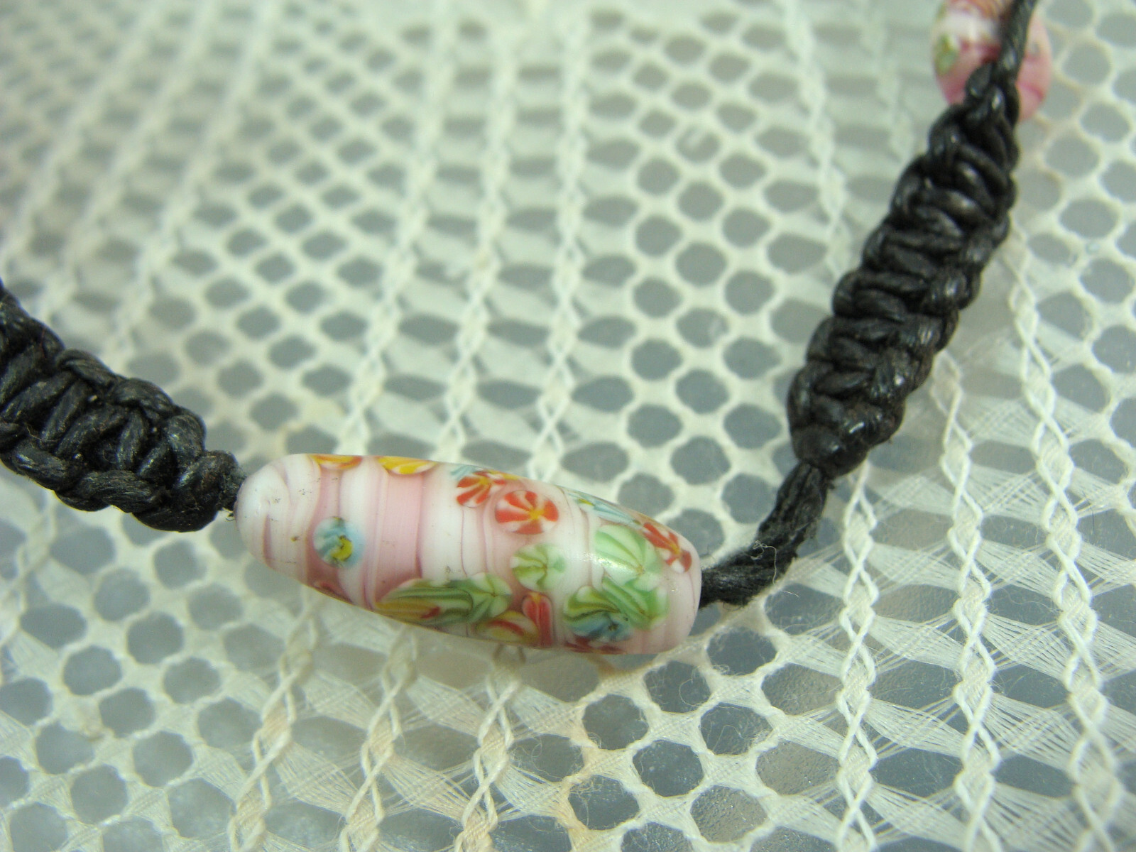 Vtg Millefiori Glass Bead Faux Pearl Hemp Macrame Bohemian Hippy Choker Necklace