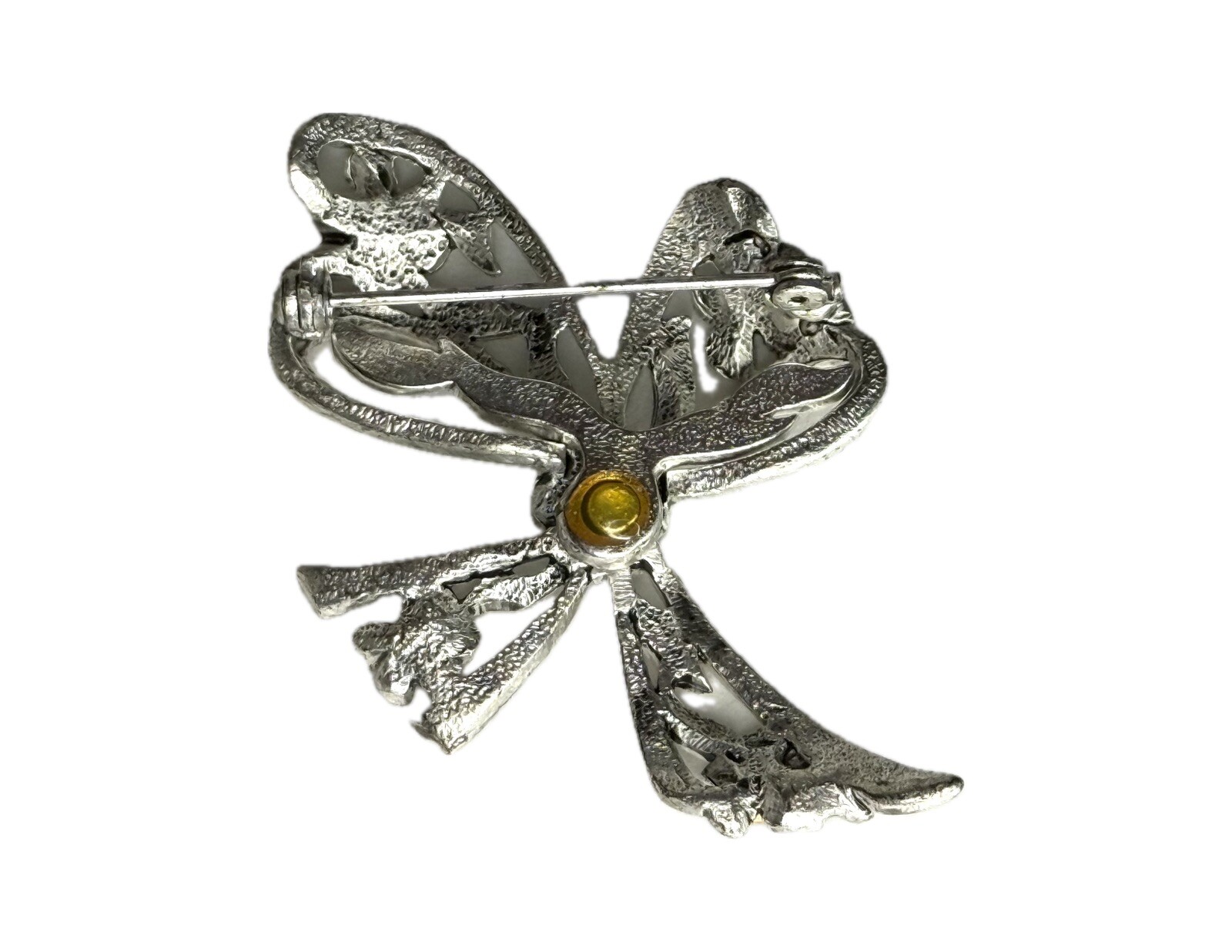 Vintage Pewter Bow Shape Brooch Pin With Rhinestones Charming Open Metal Work