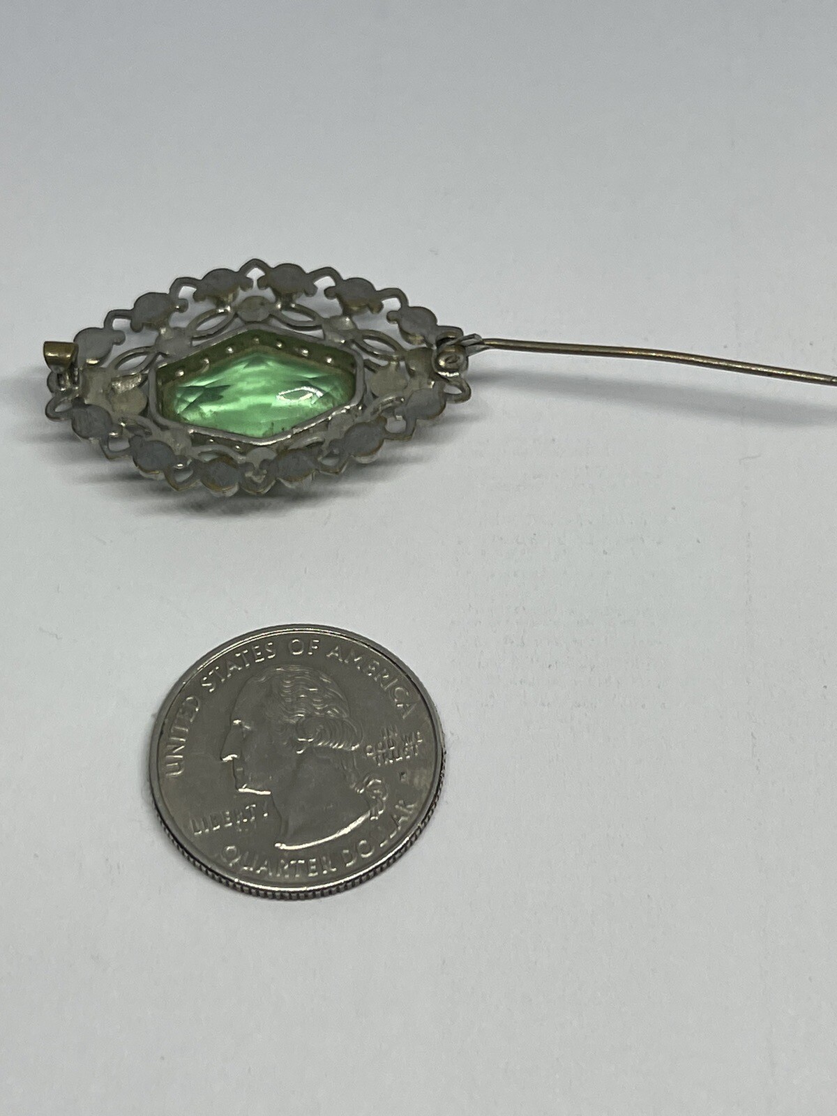 Art Deco Lozenge Shape Light Green Czech Glass Silvertone Filigree Brooch