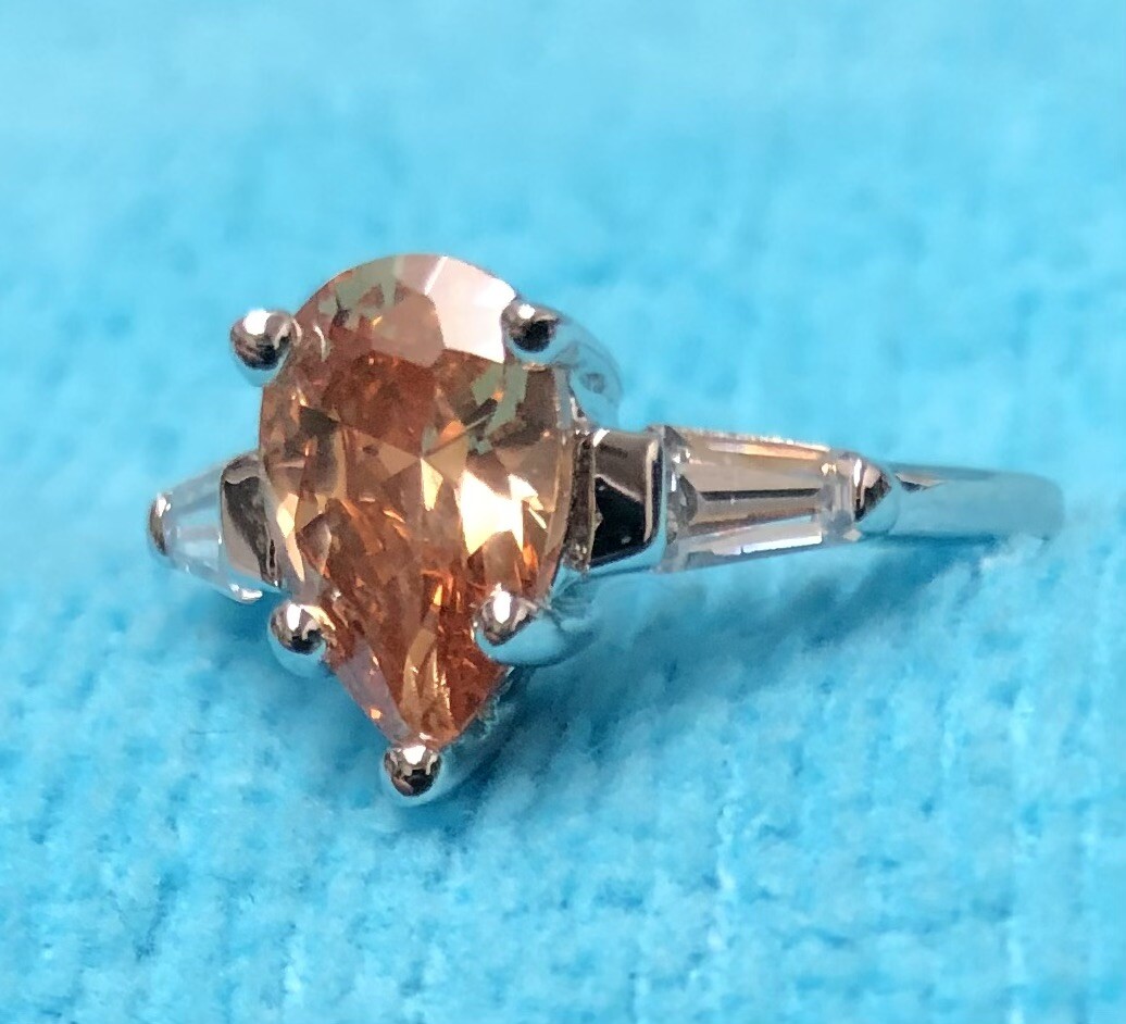 Sterling Silver – Amber Citrine Color Pear Shape Cubic Zirconia Shiny Band Ring